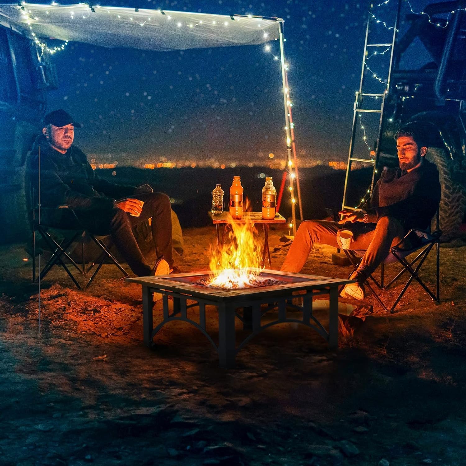 GRAND PATIO Fire Pits for Outside 35'' Wood Burning Square Marble Tile Tabletop Fire Tables for Patio Bonfire,Camping,Outdoor Heating, with Spark Screen and Poker