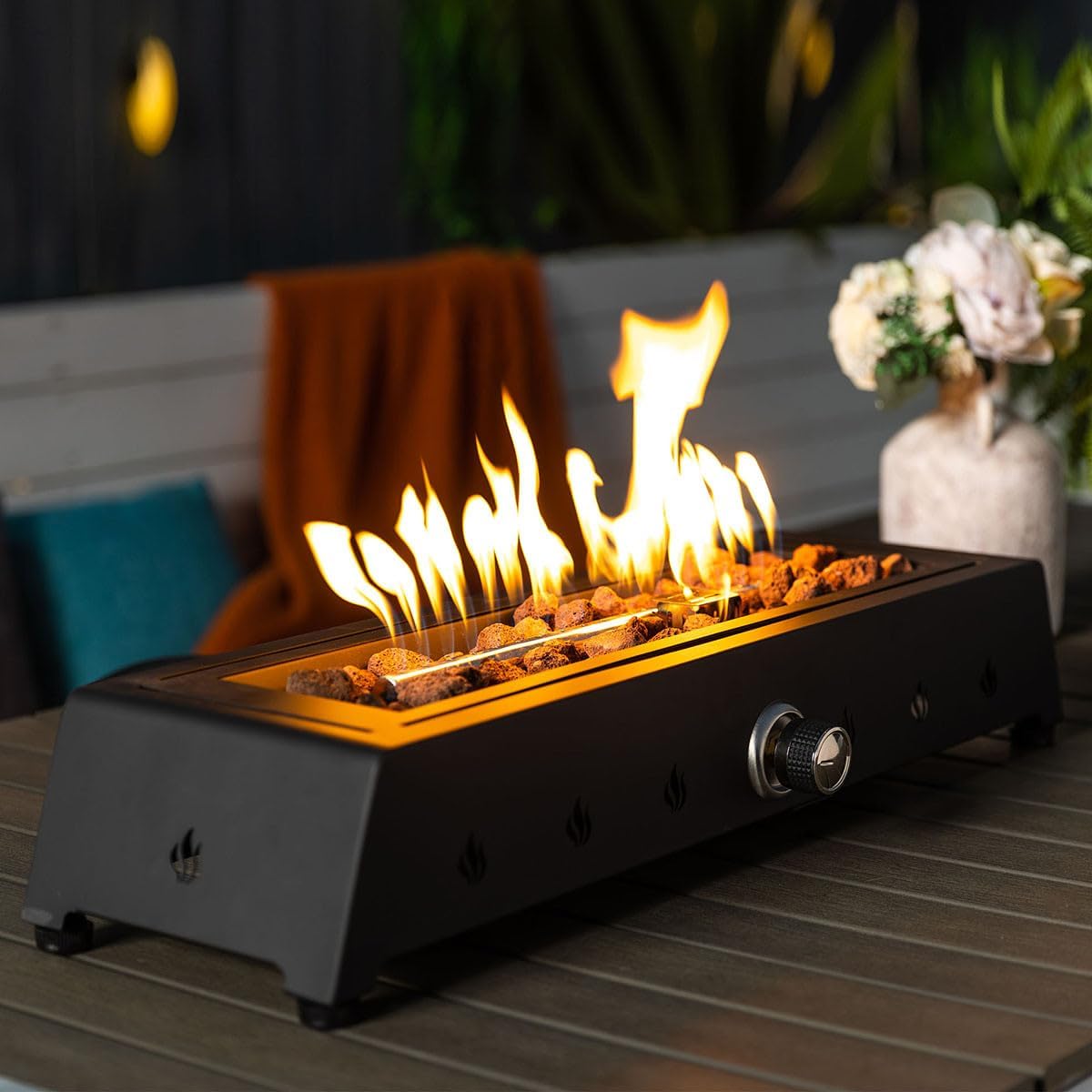 Outdoor Heaters for Patio Smokeless Fire Pit Rectangular Tabletop Firepit with Stainless Steel Burner Propane Insert with Glass Wind Guard for Patio Table