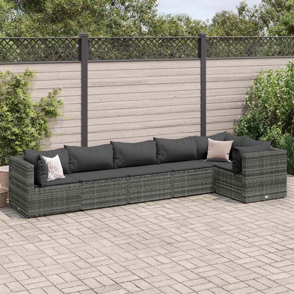 Patio Set 6 Piece Patio Lounge Set with Cushions Gray Poly Rattan