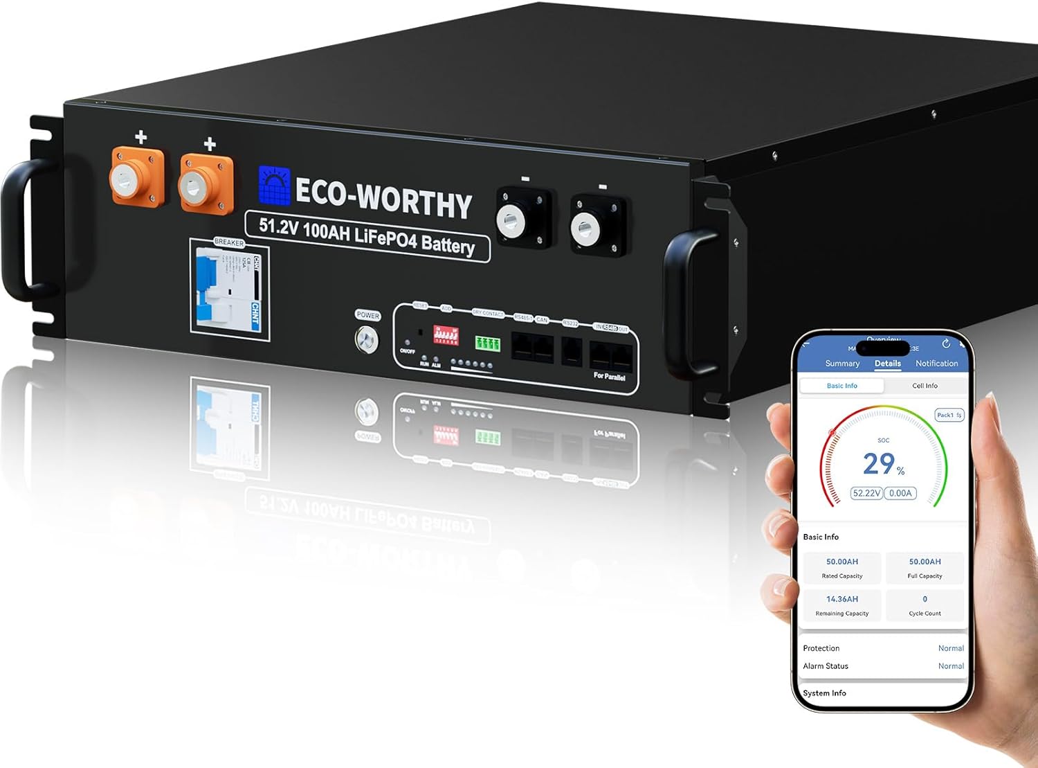 ECO-WORTHY 48V 100Ah LiFePO4 Lithium Battery w/Bluetooth | UL1973 & UL9540A & CEC Listed | 5120Wh Server Rack Battery for Solar Energy Storage, Home Backup Power