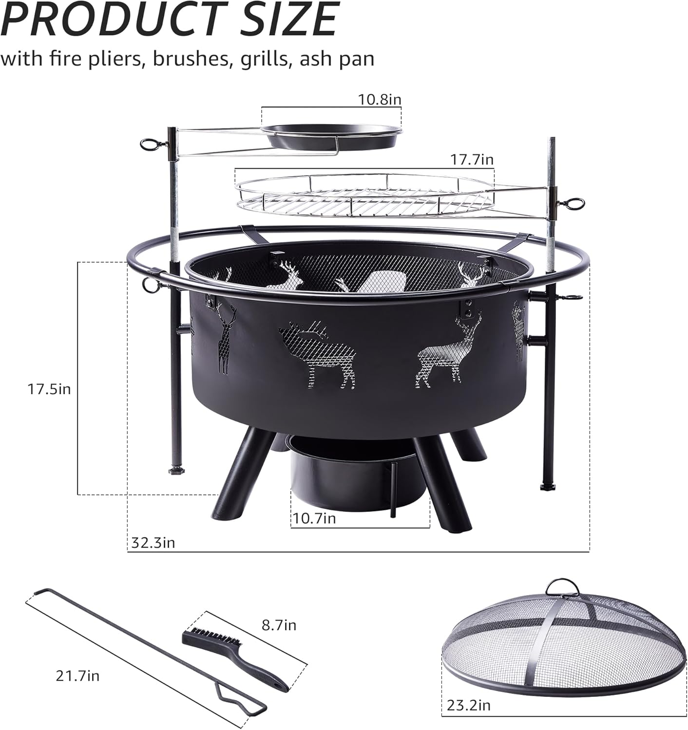 NATURAL EXPRESSIONS 32 Inch Outdoor Fire Pit, Wood Burning Fire Pits with 2 Grills, Poker, Brushes, Ash Pan, Mesh Cover, Waterproof Cover, Charcoal Fire Pit for BBQ, Patio, Bonfire, Heat&Cook