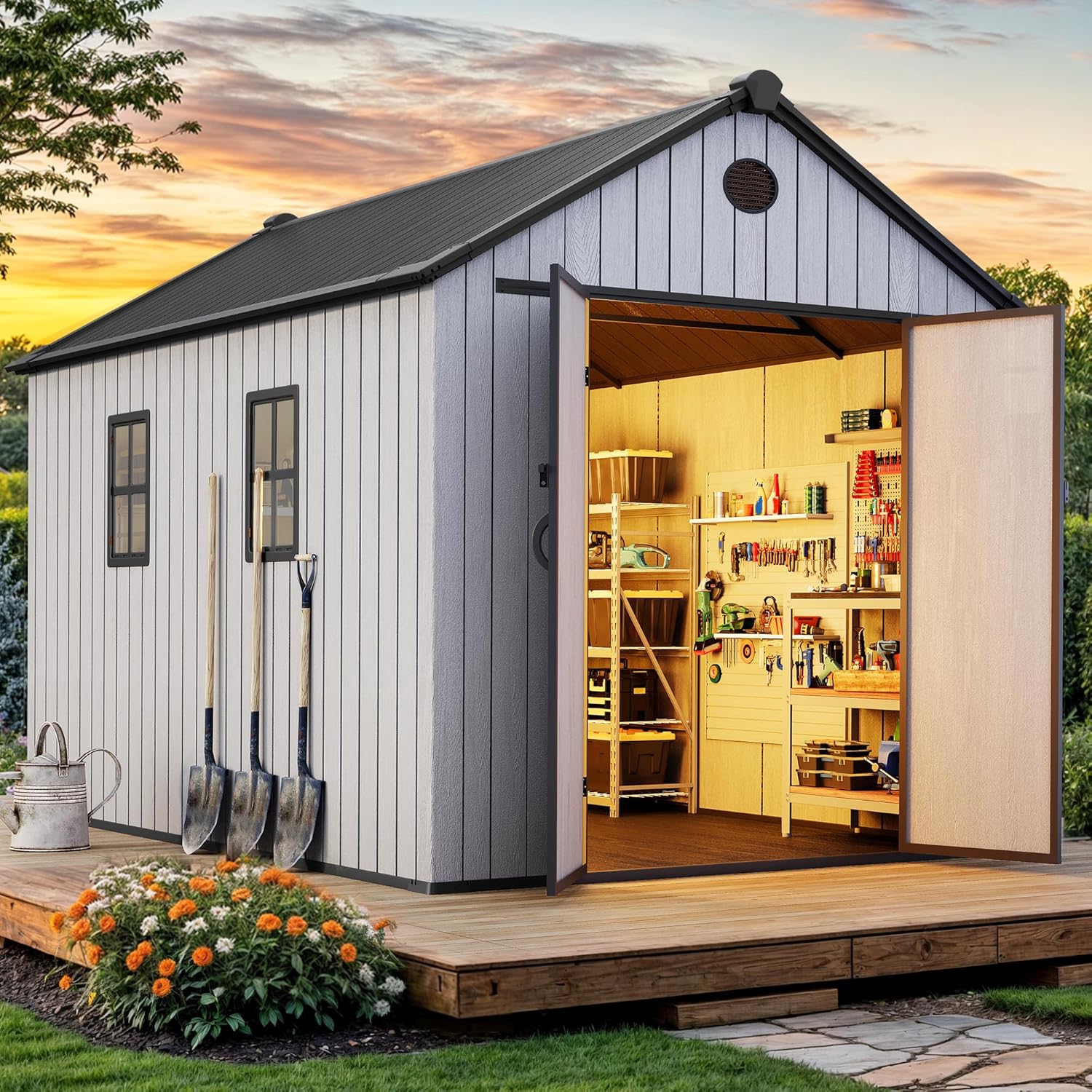 YITAHOME 8x12 FT Outdoor Storage Shed with Floor, Waterproof Plastic Garden Shed with Lockable Doors, 2 Windows & 2 Vents, 656 cu. ft. Resin Shed for Tools, Bikes, Patio or Backyard, Gray