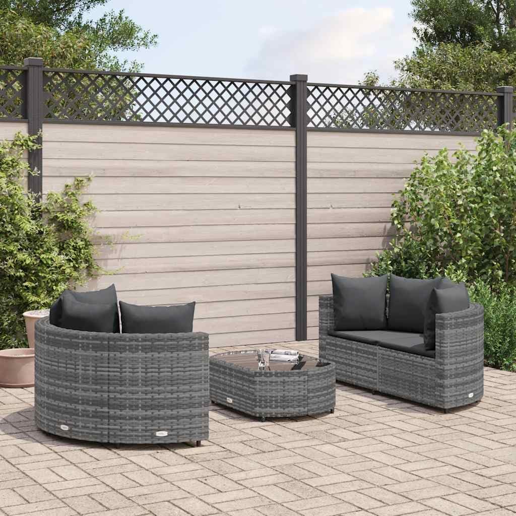 5-Piece Gray Poly Rattan Patio Sofa Set, Outdoor Sectional Furniture with Tempered Glass Table, Adjustable Feet, for Garden Balcony