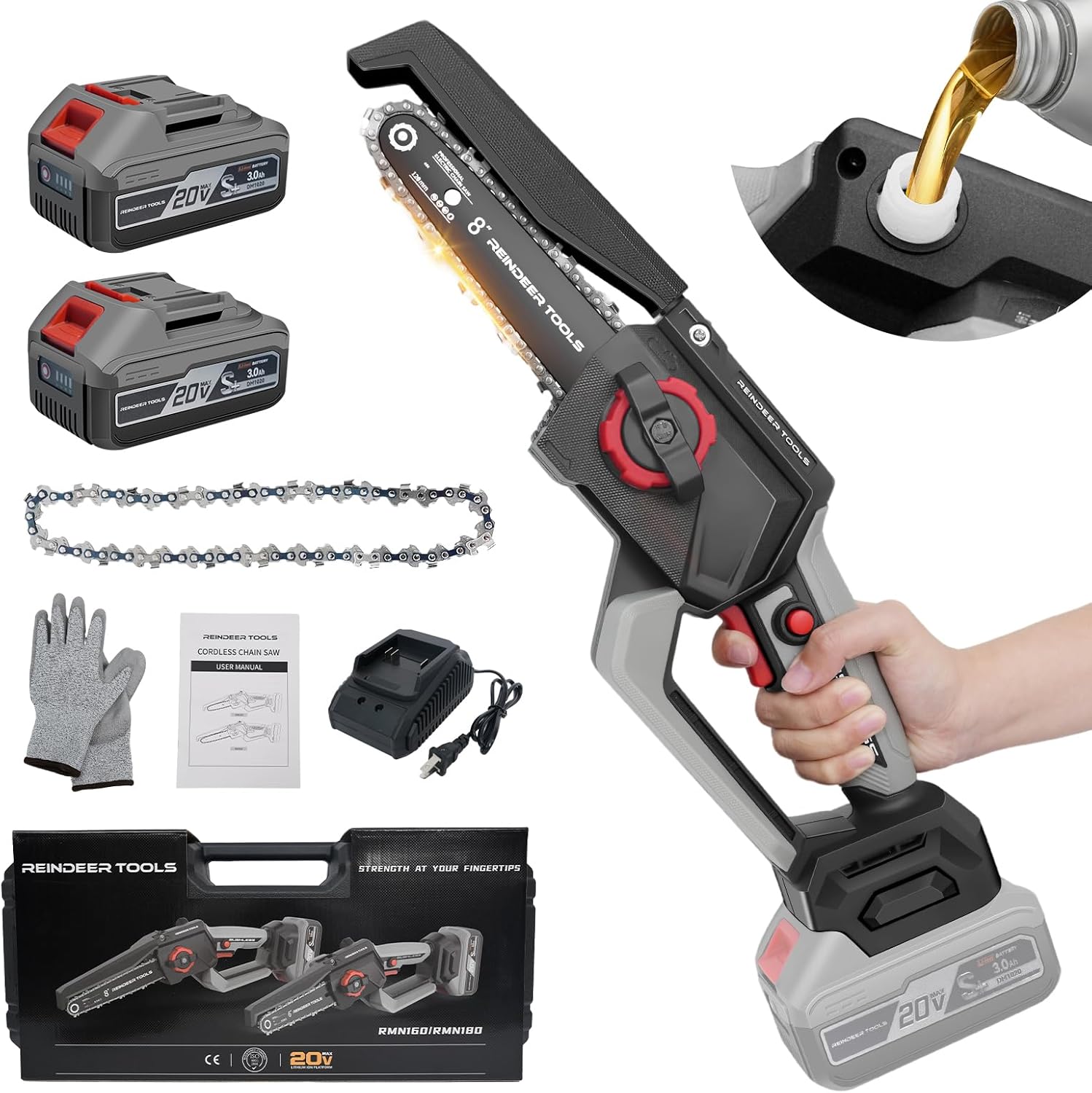 8 Inch Mini Chainsaw Cordless, 1800W Powerful with 2x3Ah Batteries & Automatic Oiler, Hardened Steel Chain for Tree Cutting, Garden Wood Trimming