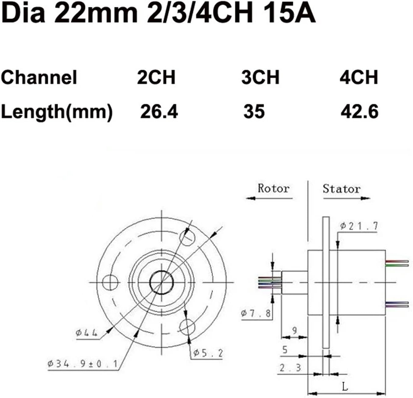 1PCS 3/4/5CH 15A Wind Power Slipring Diameter 22mm High Current Conductive Slip Ring Unlimited Rotation Data Transmission Joint(Dia 22mm 4CH 15A)