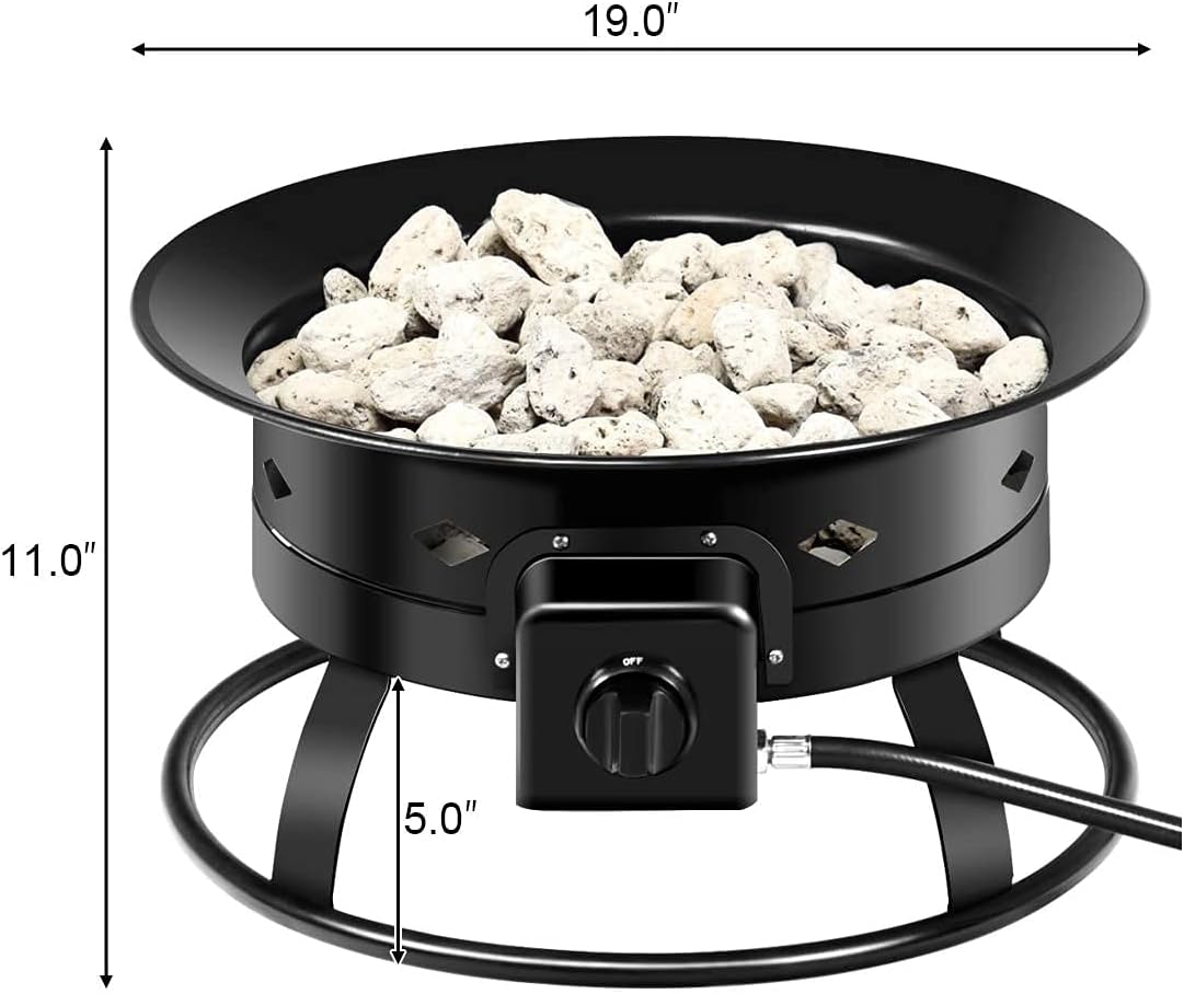 ReunionG 58,000 BTU Portable Propane Outdoor Fire Pit, w/Cover & Carry Kit, CSA Certification, Lava Rocks & 10 FT Hose, Durable Gas Fire Bowl for Outdoor Heating, Camping and Party, Black