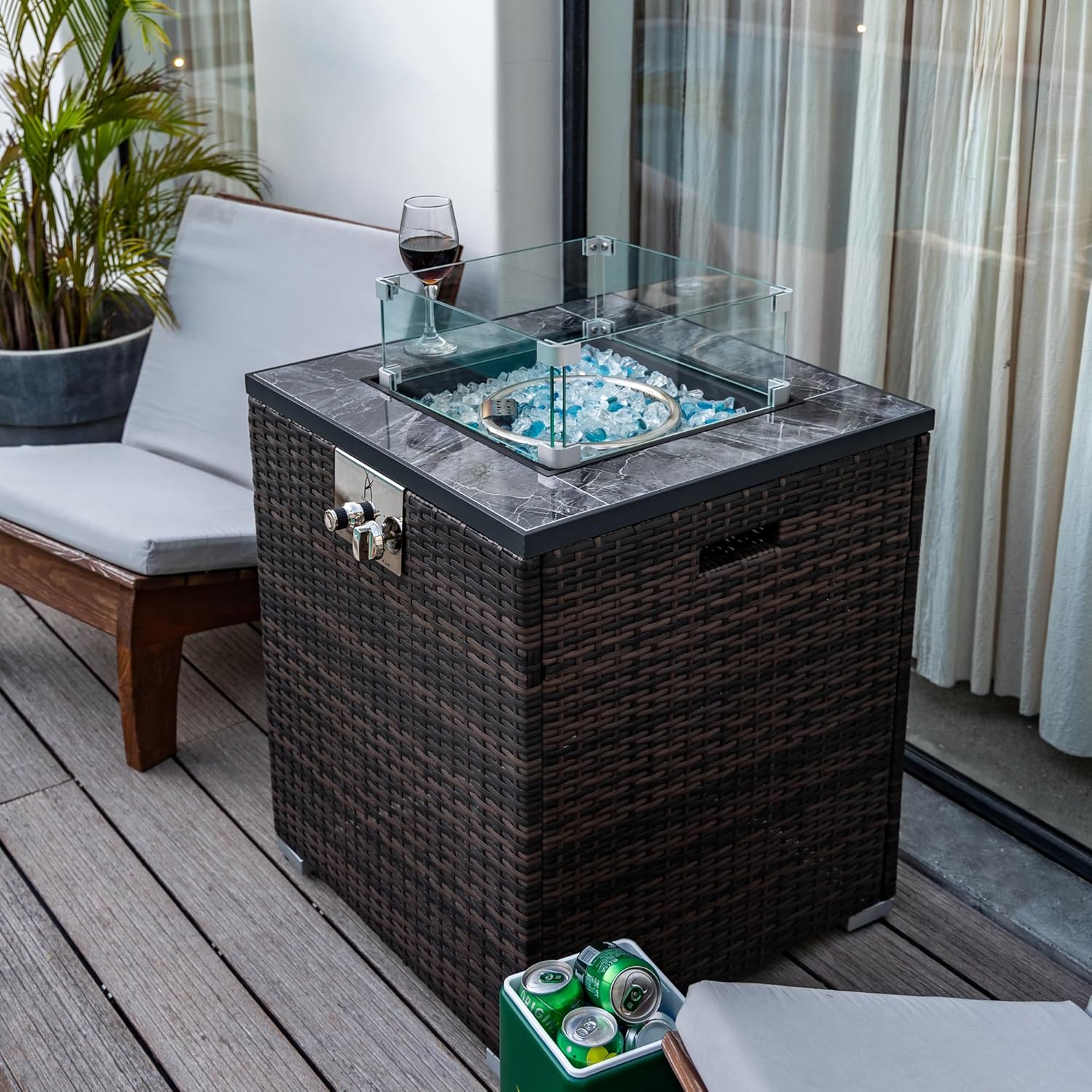 Designer Fire Pit Table with Ceramic Tile and Wicker Accent, 24-Inch Square Propane Heater in Espresso Provides 50,000 BTU for Cozy Outdoor Entertainment