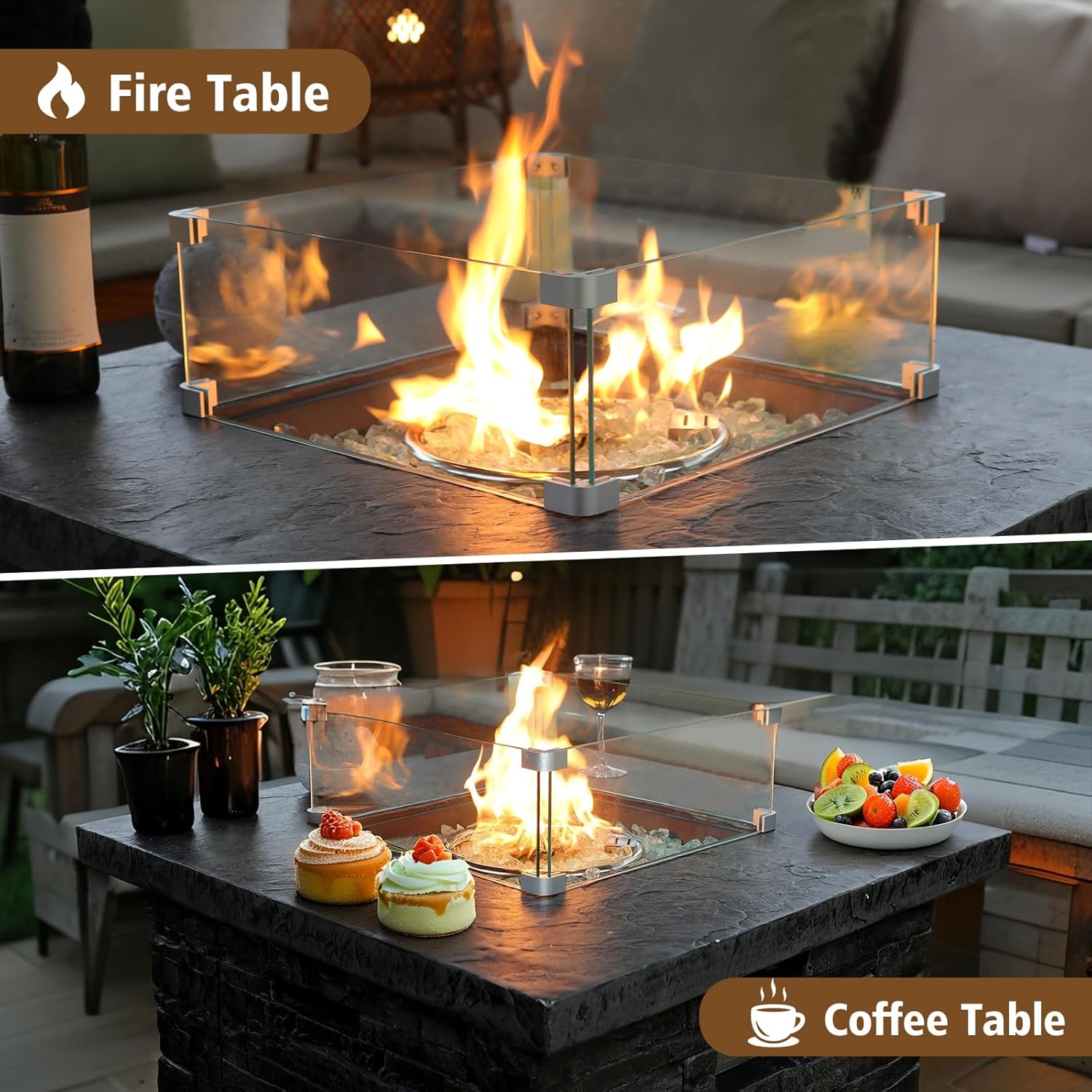 4-Piece Propane Fire Pit Table Set w Glass Wind Guard & Fire Glass Beads & Rain Cover, 35-Inch Square Outdoor Gas Fire Table 50,000 BTU for Patio, Black Terrazzo with Slate-Stone Look