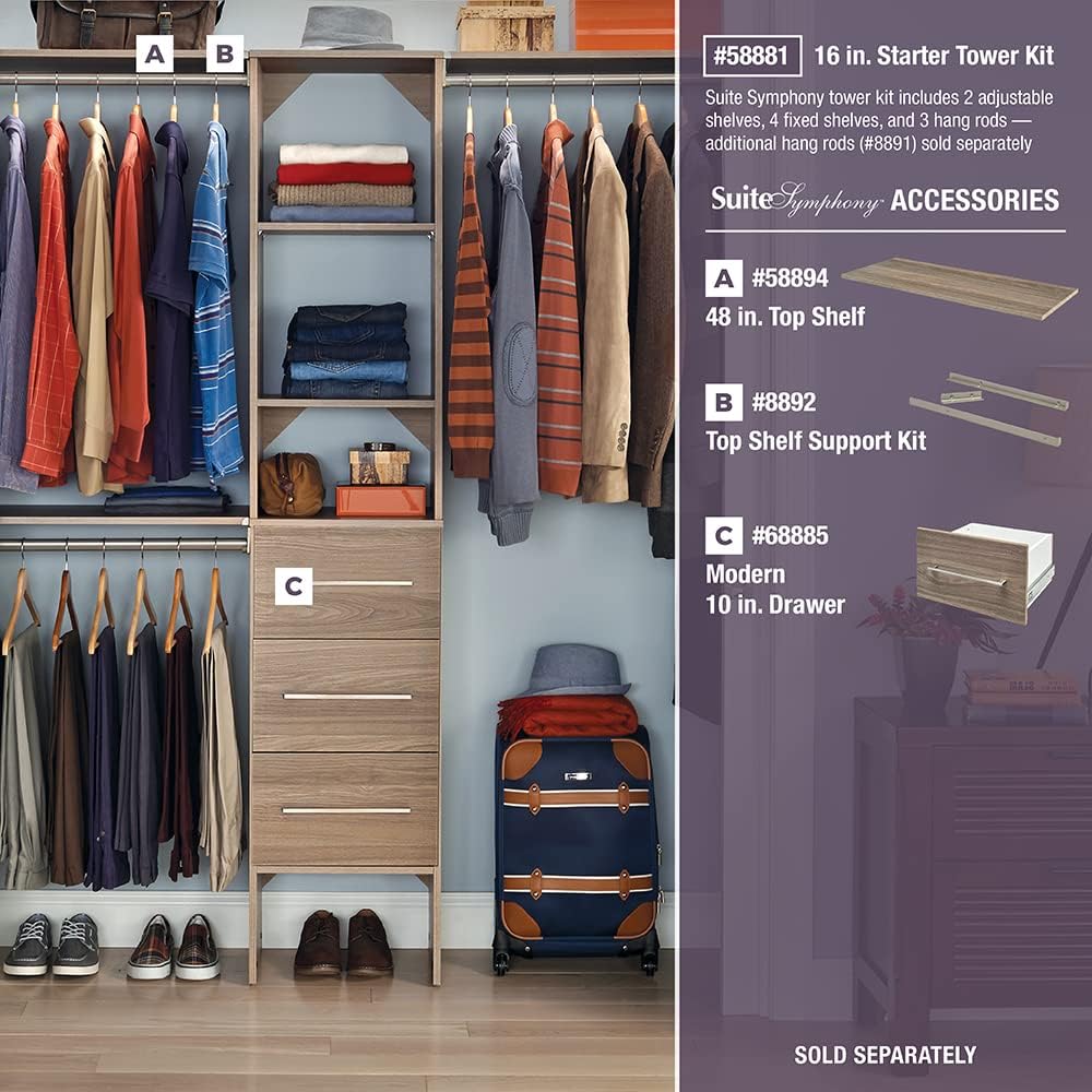 ClosetMaid SuiteSymphony Wood Closet Drawer, Add On Accessory, Modern Style, for Storage, Closet, Clothes, 16” x 10” Size for 16 in. Units, Natural Gray/Satin Nickel