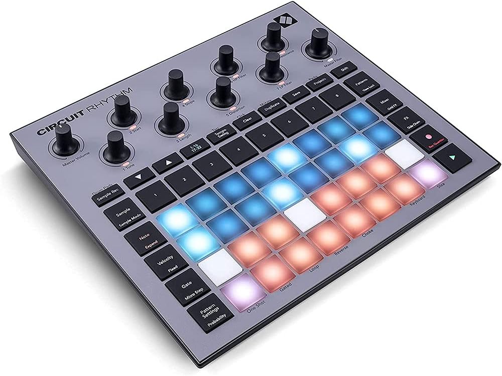 Novation Circuit Rhythm Groovebox Workstation with Standalone Sampler Bundle with Studio Pro Monitor Headphones, 32GB Memory Card, and 2x MIDI Cable