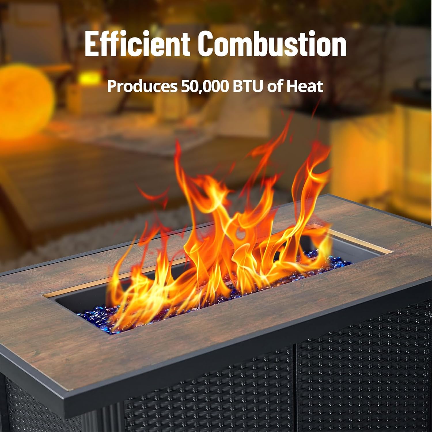 Rectangle Fire Table, 44 Inch Propane Fire Pit Table, 50000BTU, Rattan Panel, Glass Wind Guard, Black Tempered Glass Tabletop, CSA Safety Certified, Companion for Your Garden