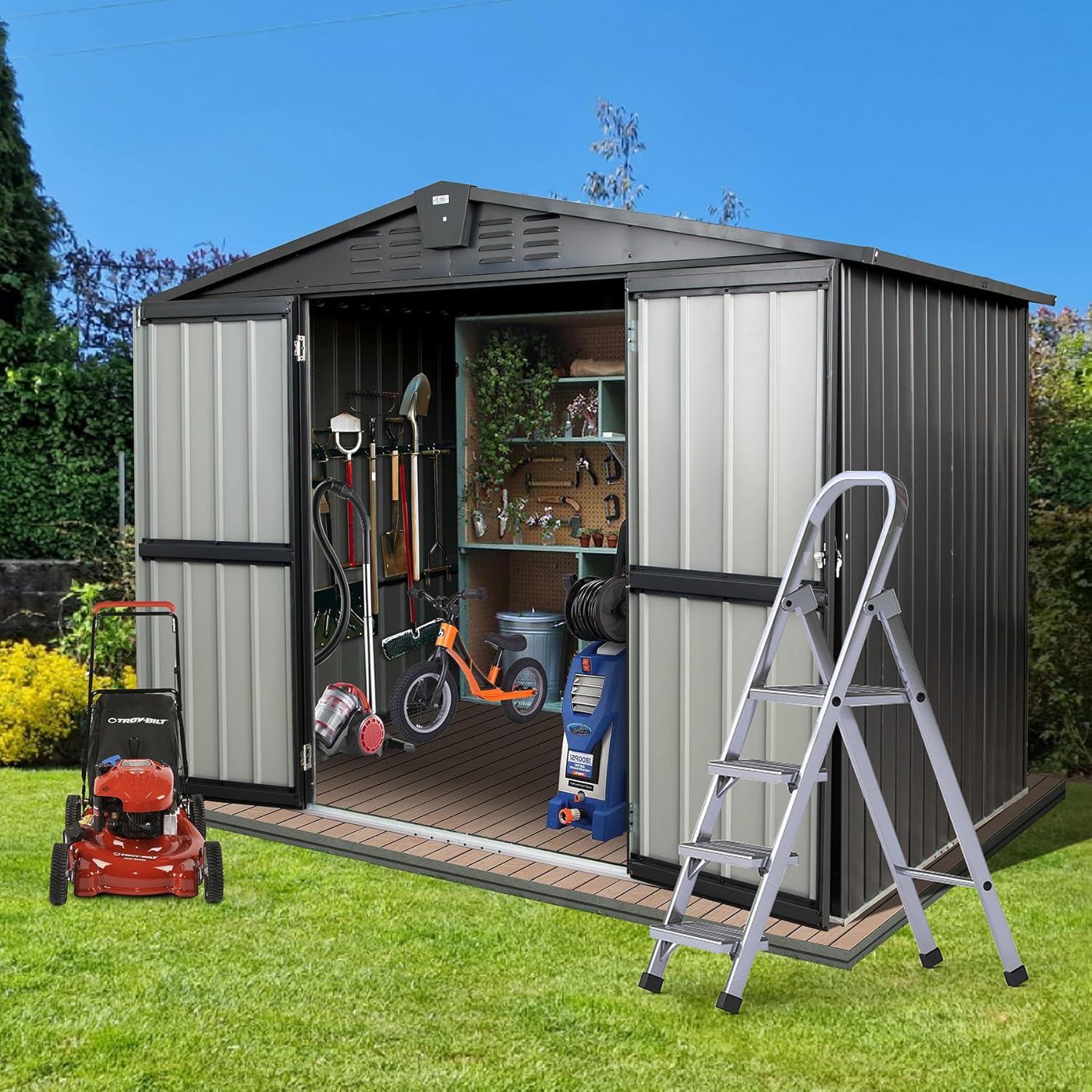 Domi Outdoor Storage Shed 8.2’x6.2’,Metal Sheds Outdoor Storage with Lockable Doors & Air Vents for Patio Garden Lawn Backyard,Gray