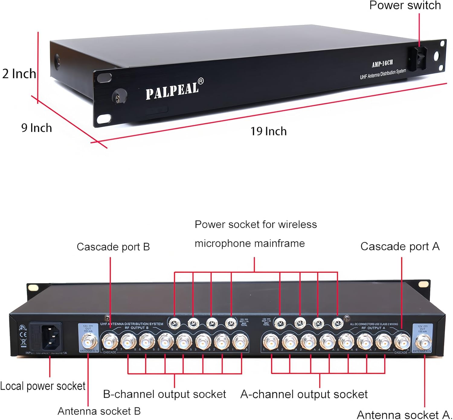 AMP-16CH 16 Channels UHF Wireless Antenna Power Distribution System,14 Outputs + 2 Cascade Ports,Microphone Antenna Splitter,Antenna Amplifier,Signal Amplifier for Wireless Microphone