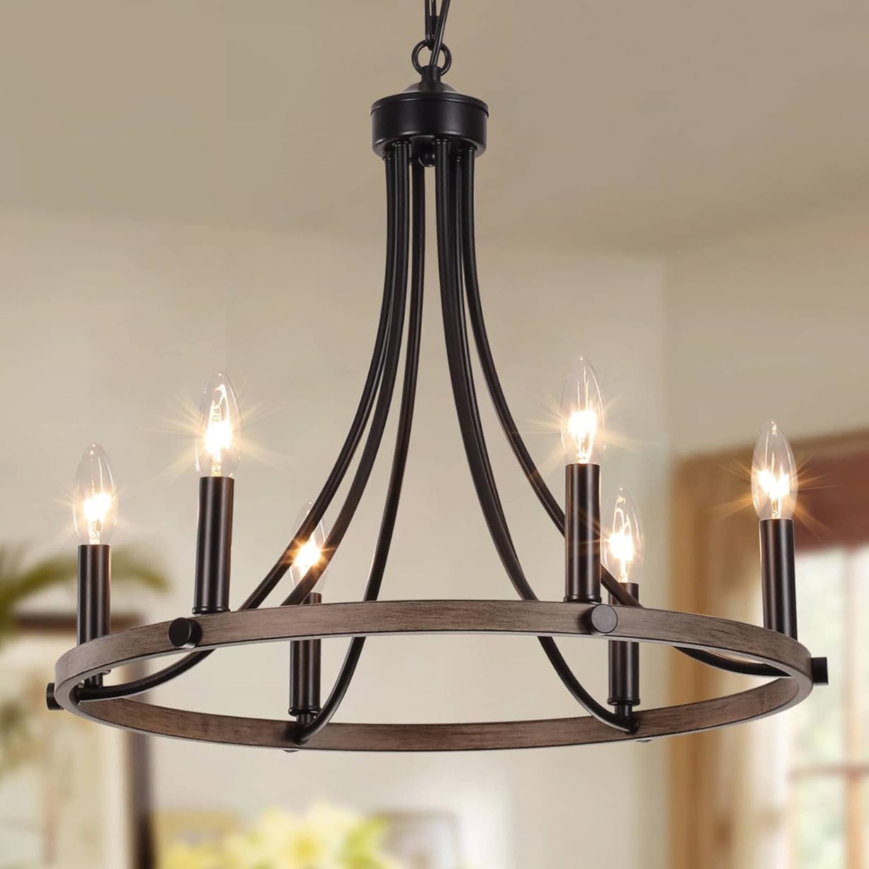 Wagon Wheel Chandelier for Dining Room, Black Farmhouse Chandelier 6 Lights Round Pendant Light, Rustic Hanging Light Fixtures for Kitchen Island Foyer Hallway