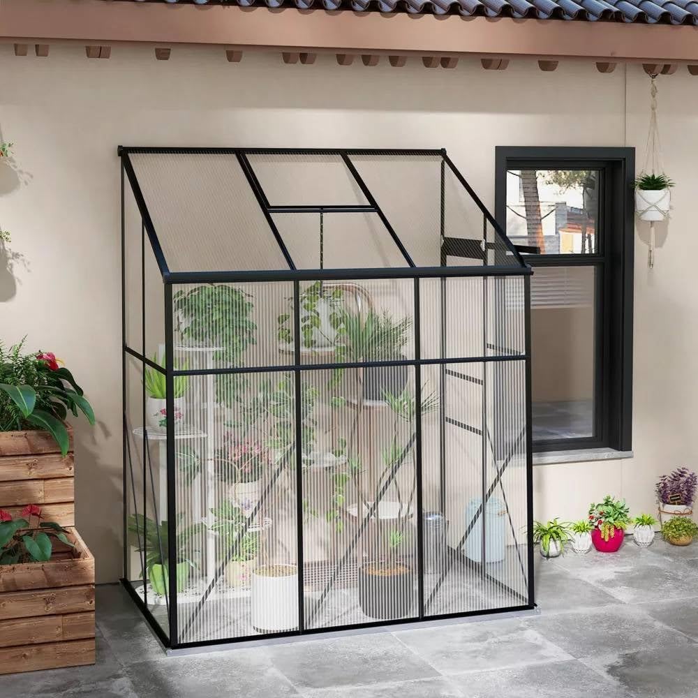 6.3 ft x 4.1 ft Outdoor Polycarbonate Lean-to Greenhouse with Black Metal Frame New