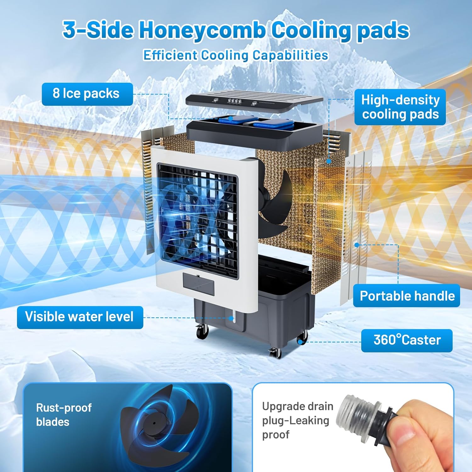 VCJ 6500CFM Swamp Cooler, Evaporative Air Cooler with 19Gal Water Tank, 8 Ice Packs, 120°Oscillation, 3 Speeds, Swamp Cooler Air Conditioner for Outdoor Patio Garage Commercial Industrial Use