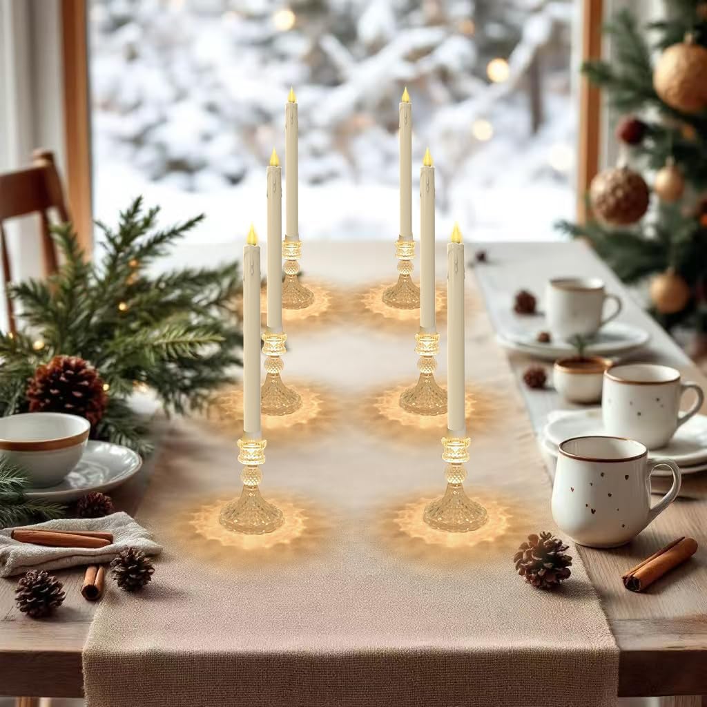 Flameless LED Taper Candles with Diamond Base Light - Hexagon Glass Holder, Remote Timer 2AA Battery Operated 500+ Hours for Thanksgiving/Xmas Decor, Wedding Centerpiece (Ivory, 6 Pack)