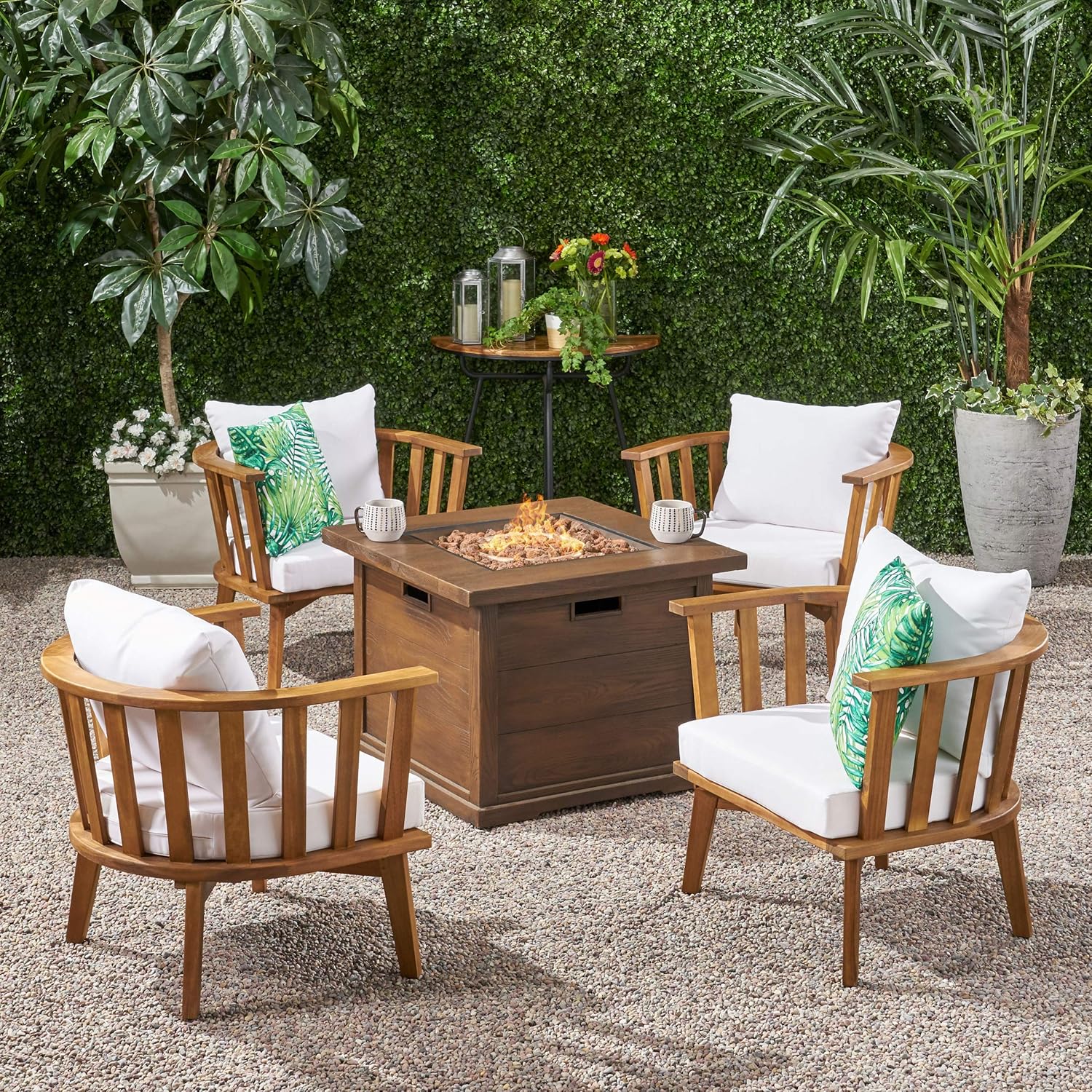 GDFStudio Noble House Walson 5 Piece Outdoor Fire Pit Wood Conversation Set in Teak