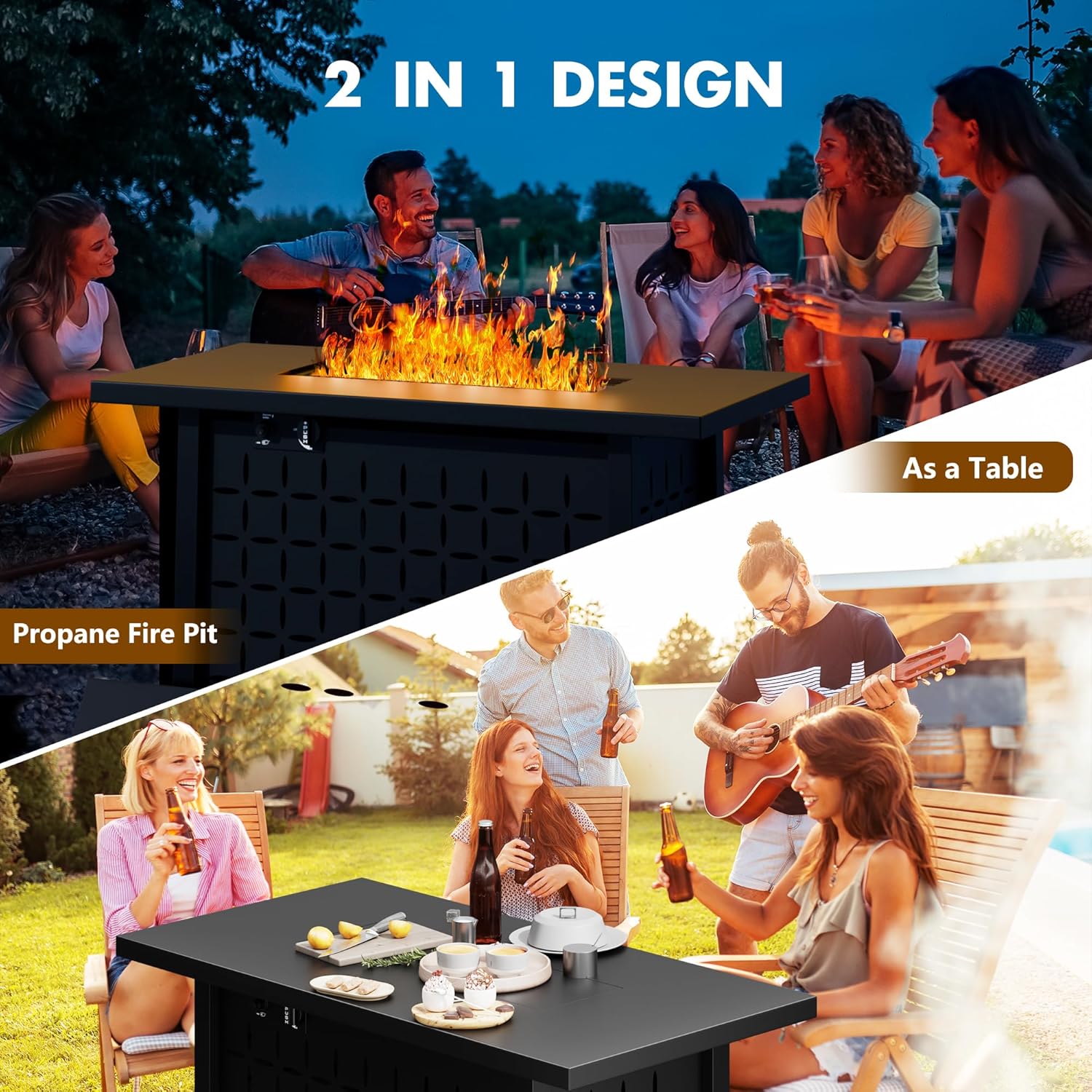 Walsunny 43 Inch Propane Fire Pit Table, Outdoor Fire Pit 50,000 BTU Gas Fire Pit Table, Fire Pits with Lid and Lava Rock for Outside, Patio, Garden, Yard