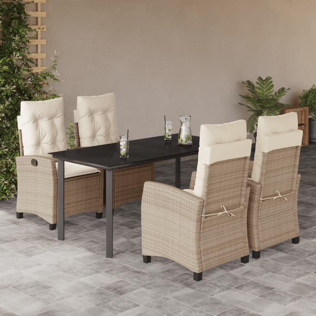 5 Piece Patio Dining Set with Cushions Beige Poly Rattan,6Piece Premium Outdoor Dining Set with Adjustable Backrest Chairs and Glass Top Table for Patio, Garden, and Backyard Furniture Sets for Patio,