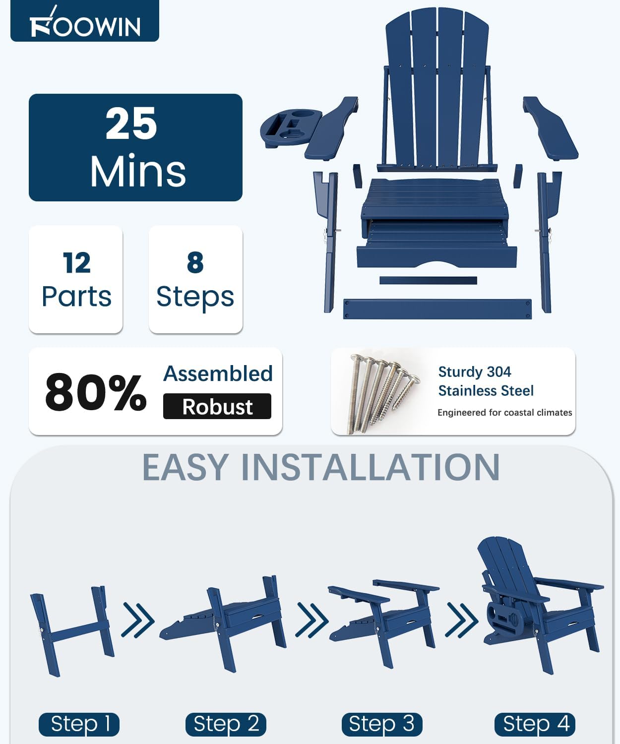 FOOWIN Folding Adjustable Adirondack Chair with Retractable Ottoman Set of 8, HDPE Adirondack Chair w/4 in 1 Cup Holder Trays,All-Weather Resistant Fire Pit Chair for Outdoor Patio Lawn, Navy Blue