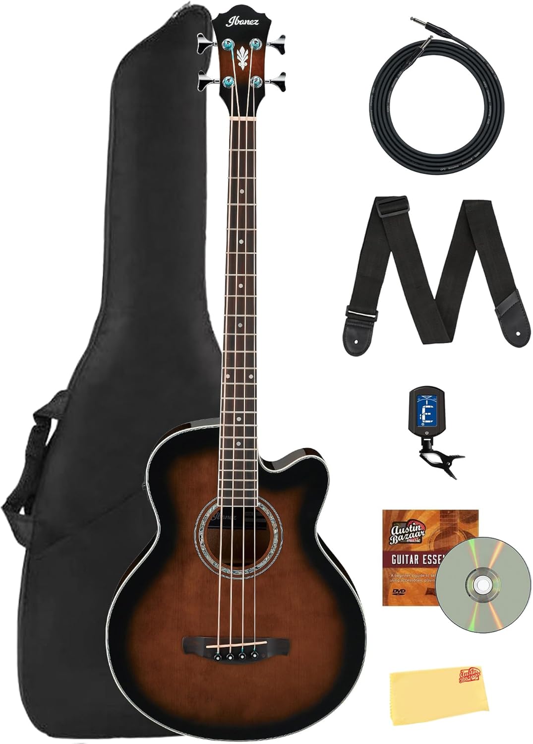 Ibanez AEB10E Acoustic-Electric Bass Guitar - Dark Violin Sunburst Bundle with Gig Bag, Tuner, Strap, Instrument Cable, Austin Bazaar Instructional DVD, and Polishing Cloth