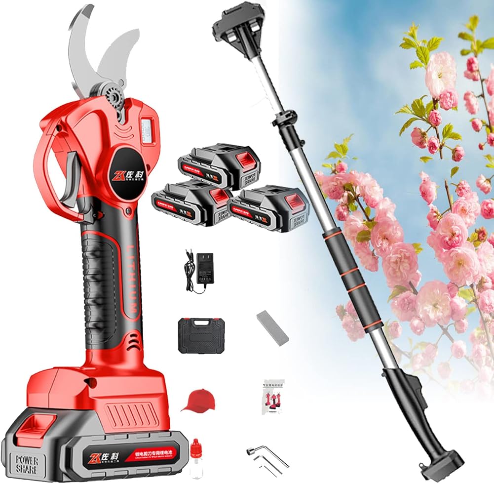 Extendable Tree Pruning Pruner, Electric Pruning Shears Cordless Gardening Secateurs 30mm Cutting Diameter Powerful Pruning Scissors with Reach Extension Pole, LCD Display Screen,1Battery-2blade