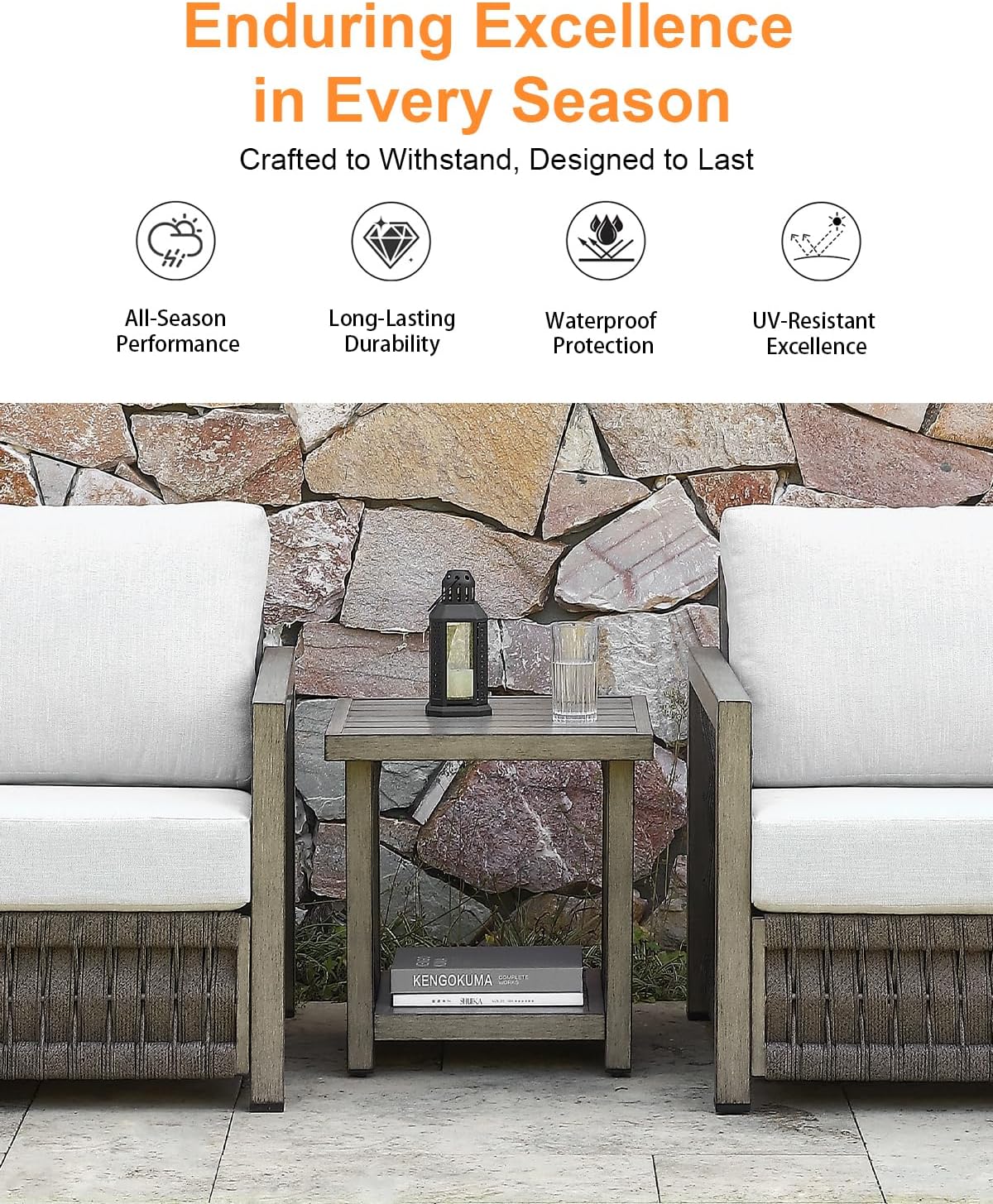 Outdoor Side Table, Aluminum Square Patio Side Table, 2-Tier Rope Weave Outdoor End Table with Adjustable Legs, Outside Furniture Patio Table for Garden, Pool, Balcony, Decks, Gray Oak