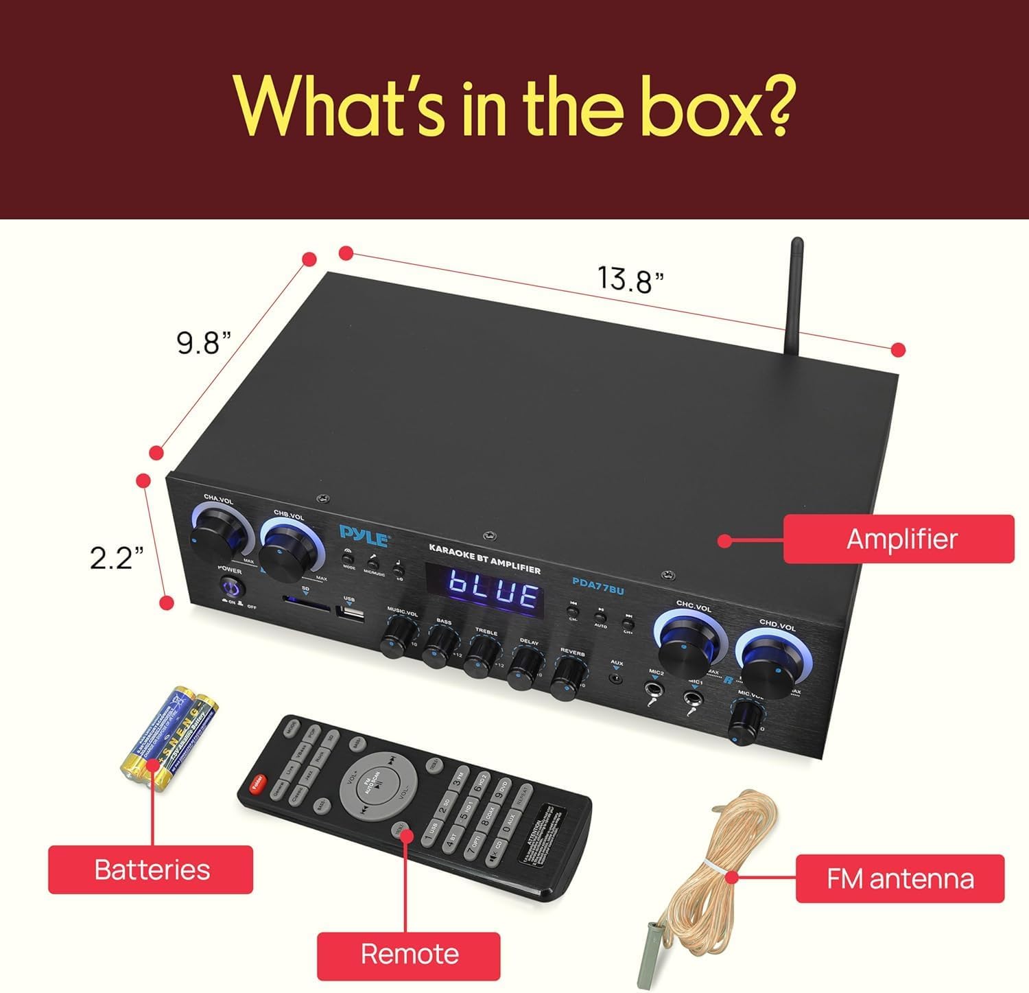 Pyle Bluetooth Home Stereo Amplifier Receiver - 4 Channel, 800 Watt Karaoke Sound System w/ MP3,USB,SD,AUX,RCA,FM,MIC, Headphone, Reverb + Delay, LED Vol, for Home, Studio, Theater Speakers - PDA77BU