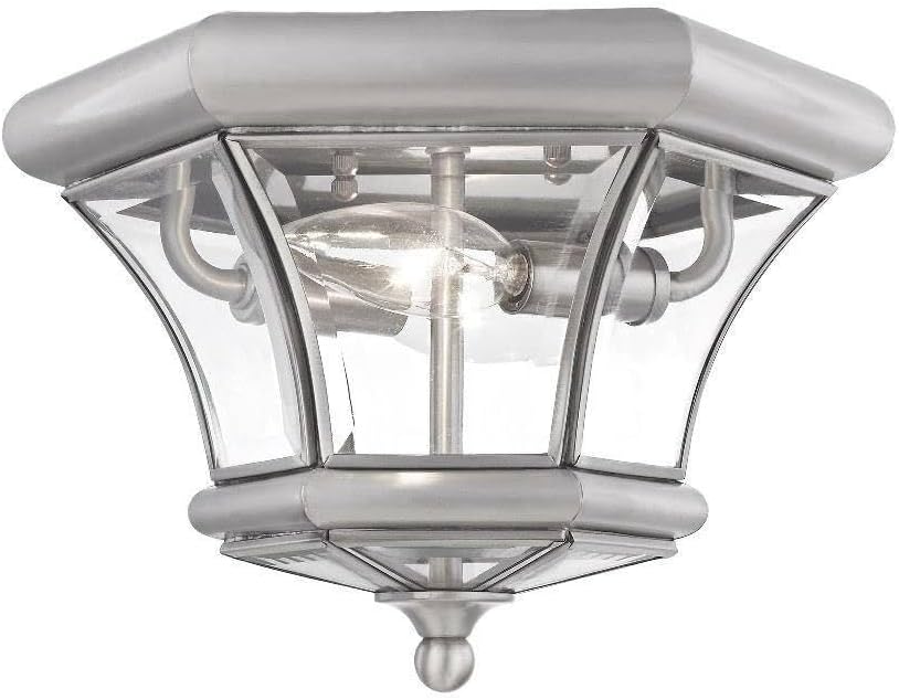 Livex Lighting 7052-91 Monterey 2 Light Outdoor/Indoor Brushed Nickel Finish Solid Brass Flush Mount with Clear Beveled Glass