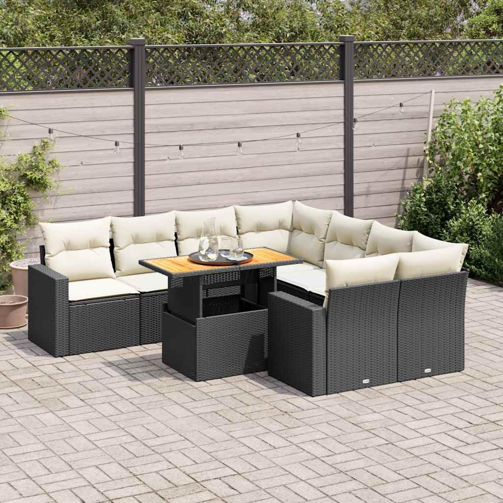 9-Piece Modular Garden Sofa Set in Black and Cream White PE Rattan, Adjustable Outdoor Furniture with Weather-Resistant Cushions and Hidden Storage for Patio, Balcony, Lounge