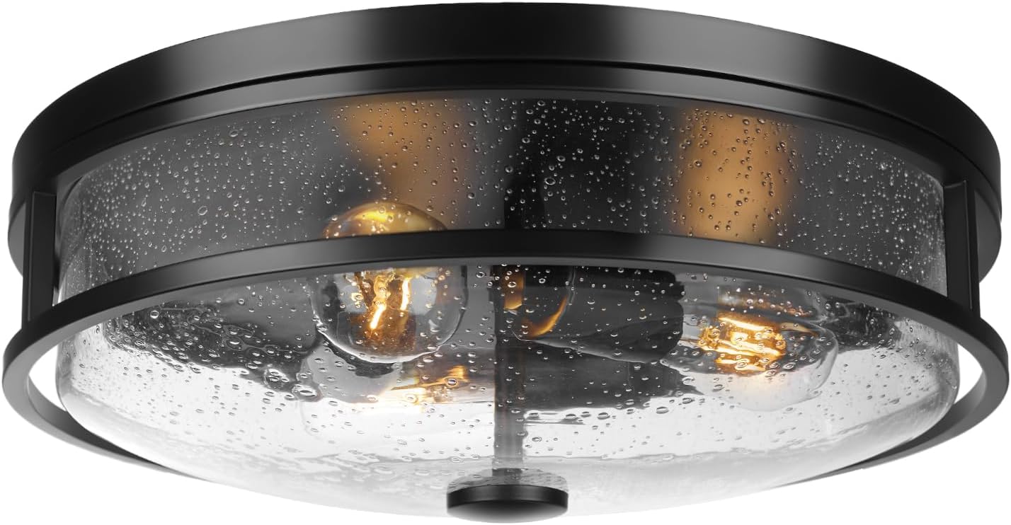 16 Inch Large Flush Mount Ceiling Light Fixture with Seeded Glass, Black Round Ceiling Lamp Shade, Modern Farmhouse Indoor Outdoor Ceiling Lighting for Kitchen Dining Living Room Foyer