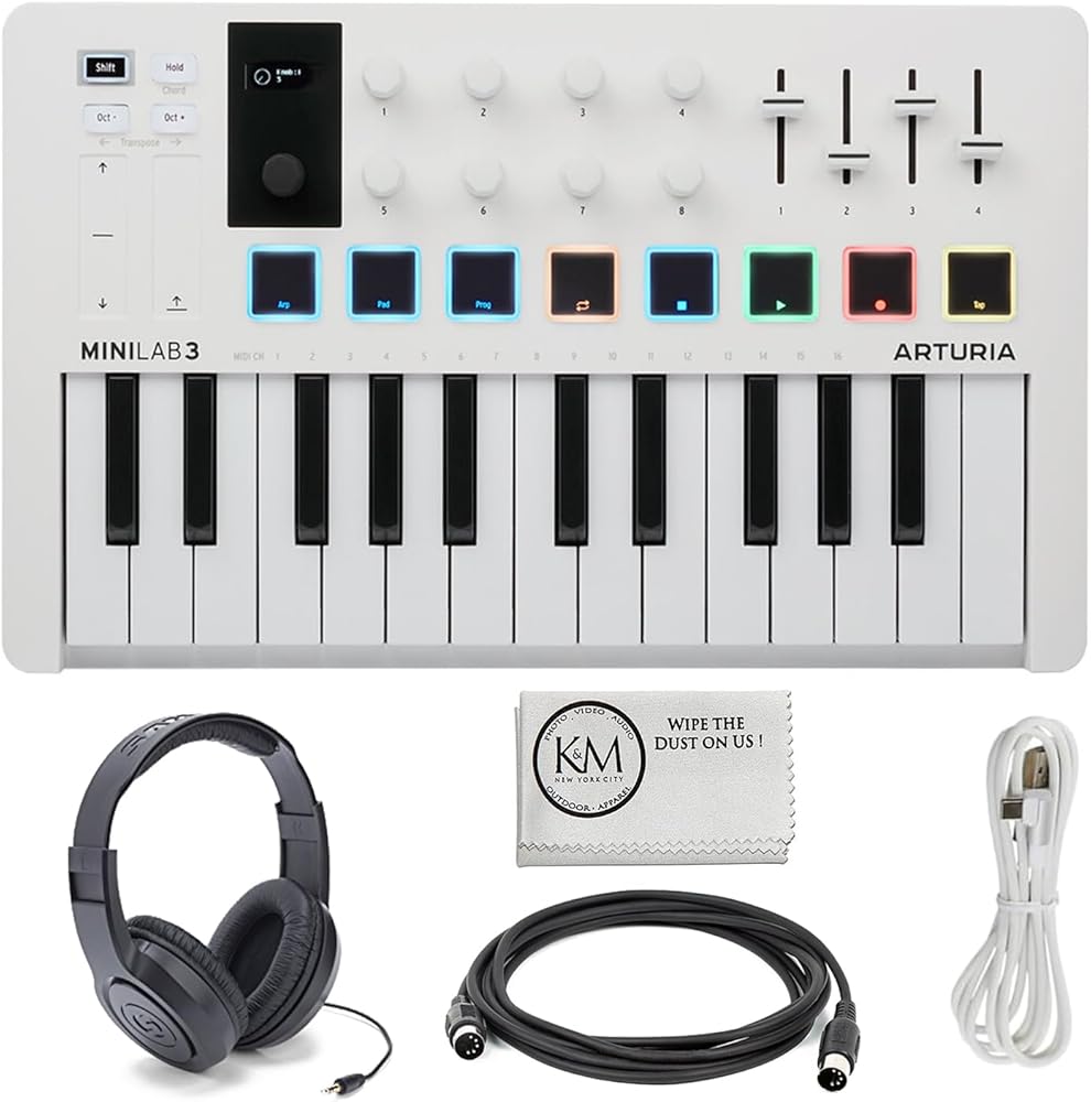 Arturia MiniLab 3 Compact MIDI Keyboard and Pad Controller (White) Bundle with Over-the-Ear Headphones + 6ft MIDI Cable & Cleaning Cloth (4 Items)