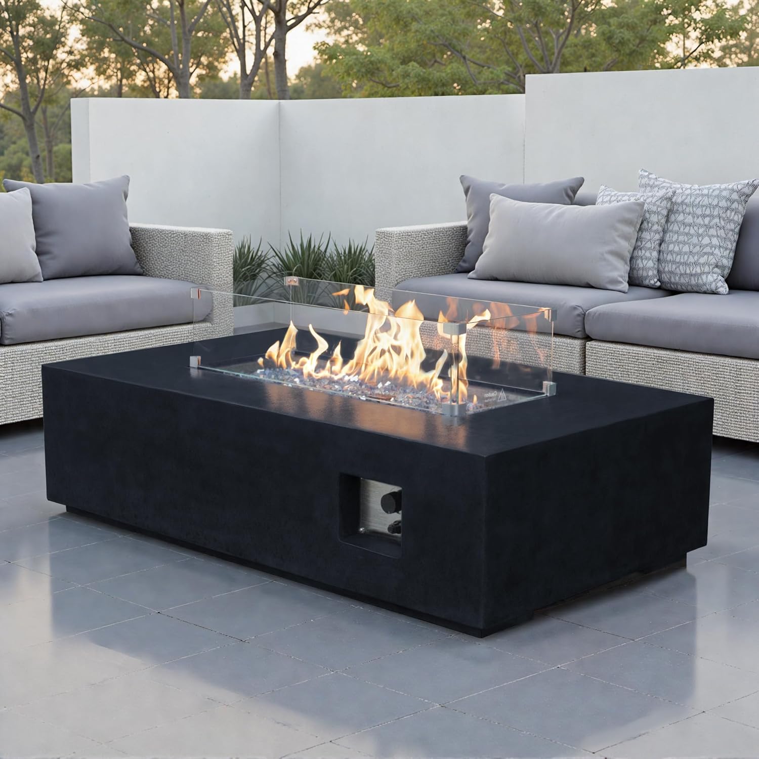 EXPLUX Outdoor Propane Gas Fire Pit Table 65,000 BTU 52-inch Concrete(GFRC) Rectangle Fire Pit for Outside Patio with 304 Stainless Steel Burner,Wind Guard,Crystal Blue Fire Glass,Rain Cover,Black