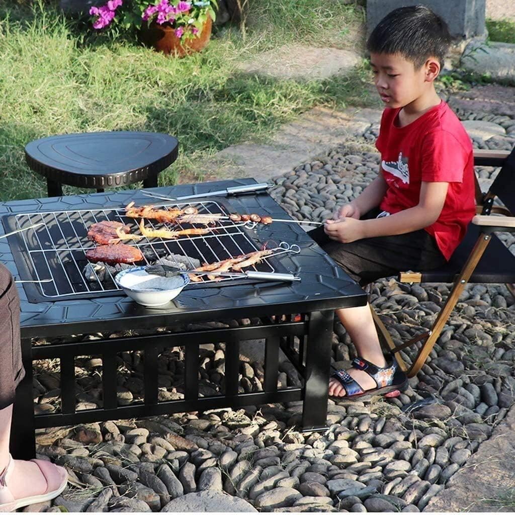 Fire Pits Outdoor Wood Burning Propane Fire Pit, Outdoor Metal Brazier Square Table Multi-Purpose Square Fireplace Garden Patio Heater for Party with Cover BBQ Cooking for Outside Camping Backyar