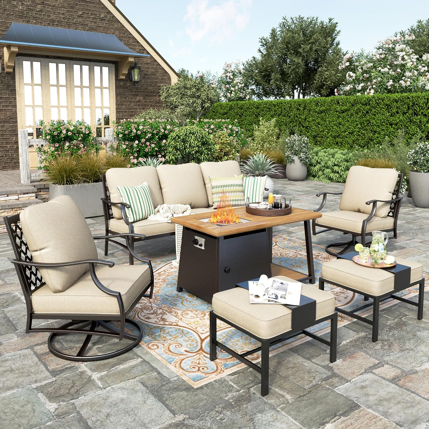 HERA'S HOUSE 6 Pieces Patio Furniture Set with Fire Pit Table, 2 x Swivel Chair, 2 x Ottoman, 3-Seat Sofa with 46