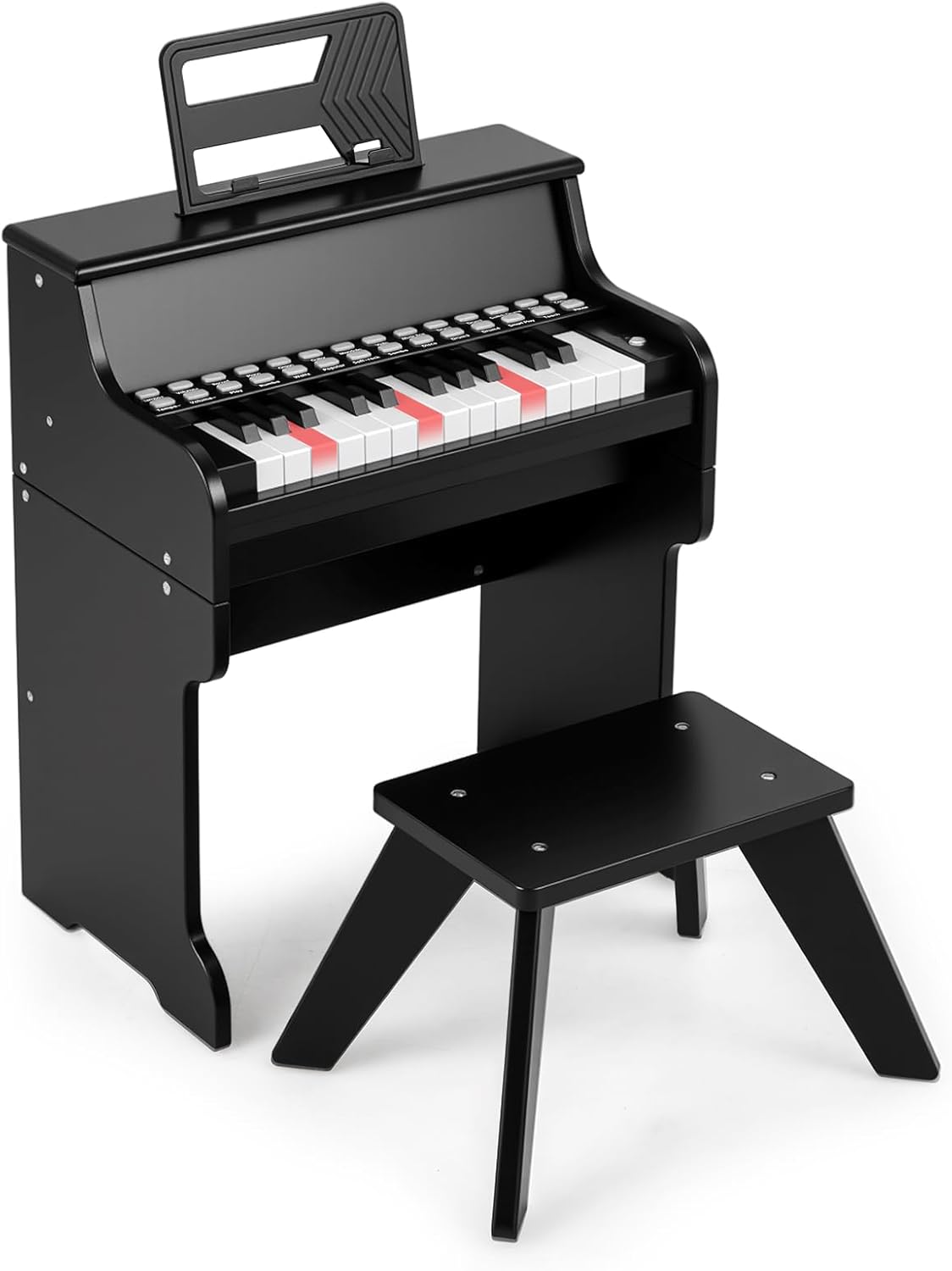 Costzon 25 Keys Kids Piano Keyboard, Mini Digital Piano Wooden Toy w/ Adjustable Speed & Volume, Teaching Mode, Removable Music Stand, Educational Music Instrument for Kids Aged 3+ (Black,with Stool)