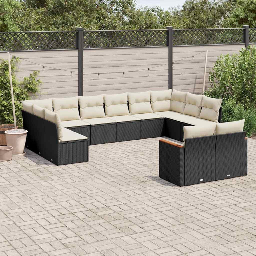 12-Piece Garden Sofa Set, Black Synthetic Poly Rattan, Cream White Cushions, Modular Outdoor Patio Furniture for Balcony, Weather Resistant Seating