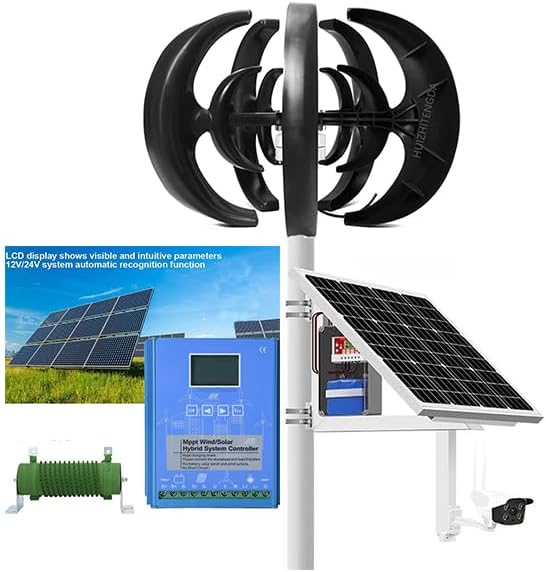 5 Blades Lantern Vertical Wind Turbines Generator Kit 12V 2500W with Wind Solar Hybrid System MPPT Charge Controller Noiseless Vertical Wind Turbine Farm & Home Use