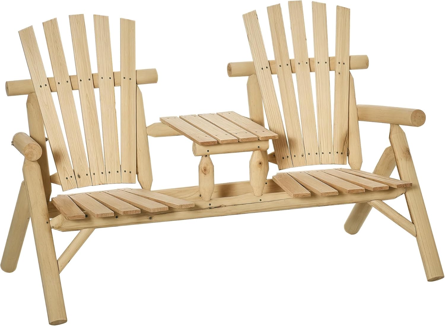 Outsunny 2-Seat Wooden Adirondack Chair, Patio Bench with Table, Outdoor Loveseat Fire Pit Chair for Porch, Backyard, Deck, Natural