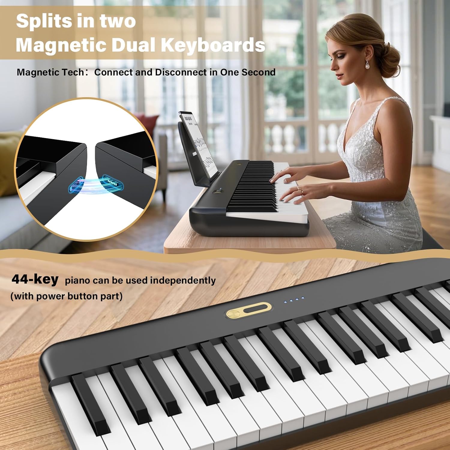 Portable Keyboard Piano 88 Key, Digital Piano with Magnetic Connection for Beginners, Travel Foldable Electric Piano Keyboard, Sensitive Keys, Sustain Pedal, Sheet Music Stand, Piano Bag