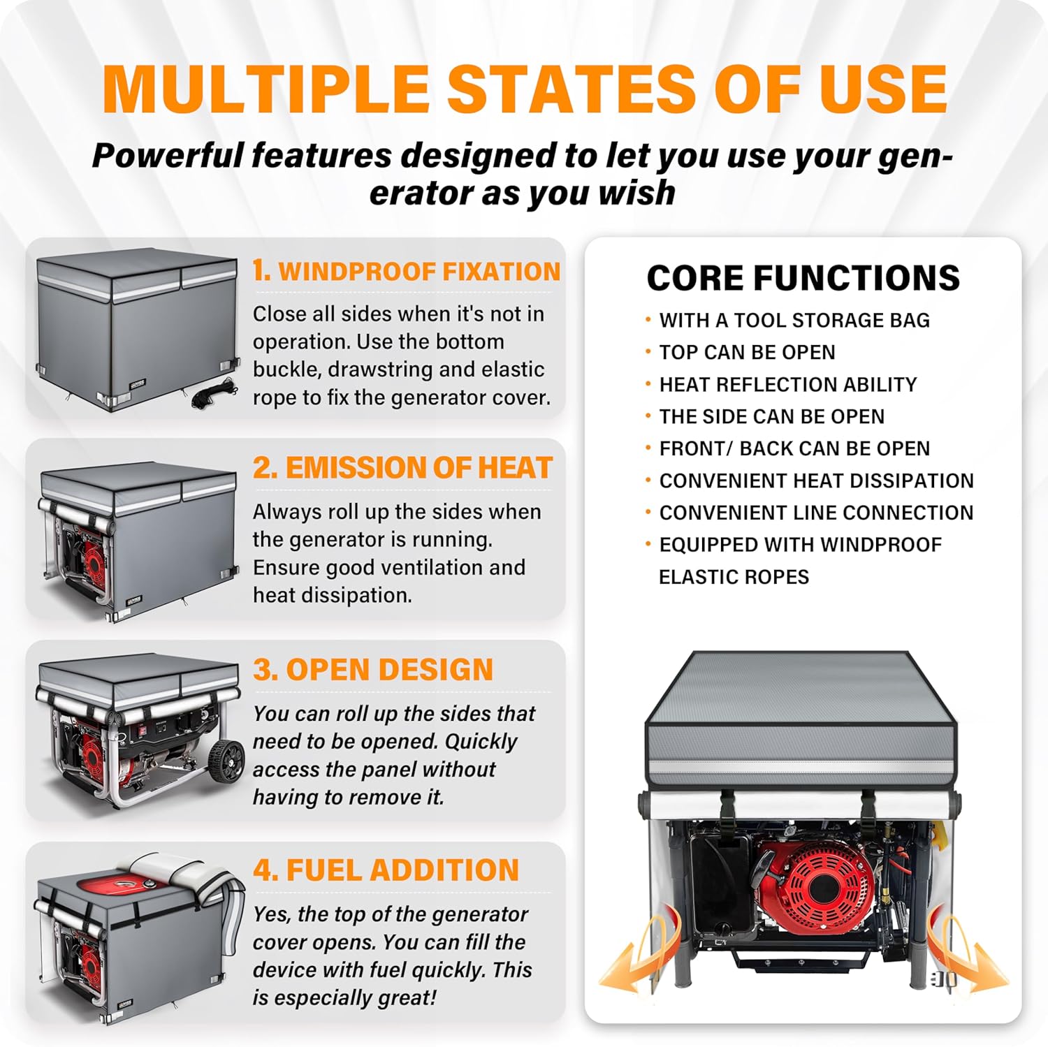 Running Generator Cover, Running Generator Cover, 38x28x27 inch, Top Can Be Opened, 100% Heavy Duty Waterproof Oxford Fabric. Suitable for most generators over 10,000 watts. Gray