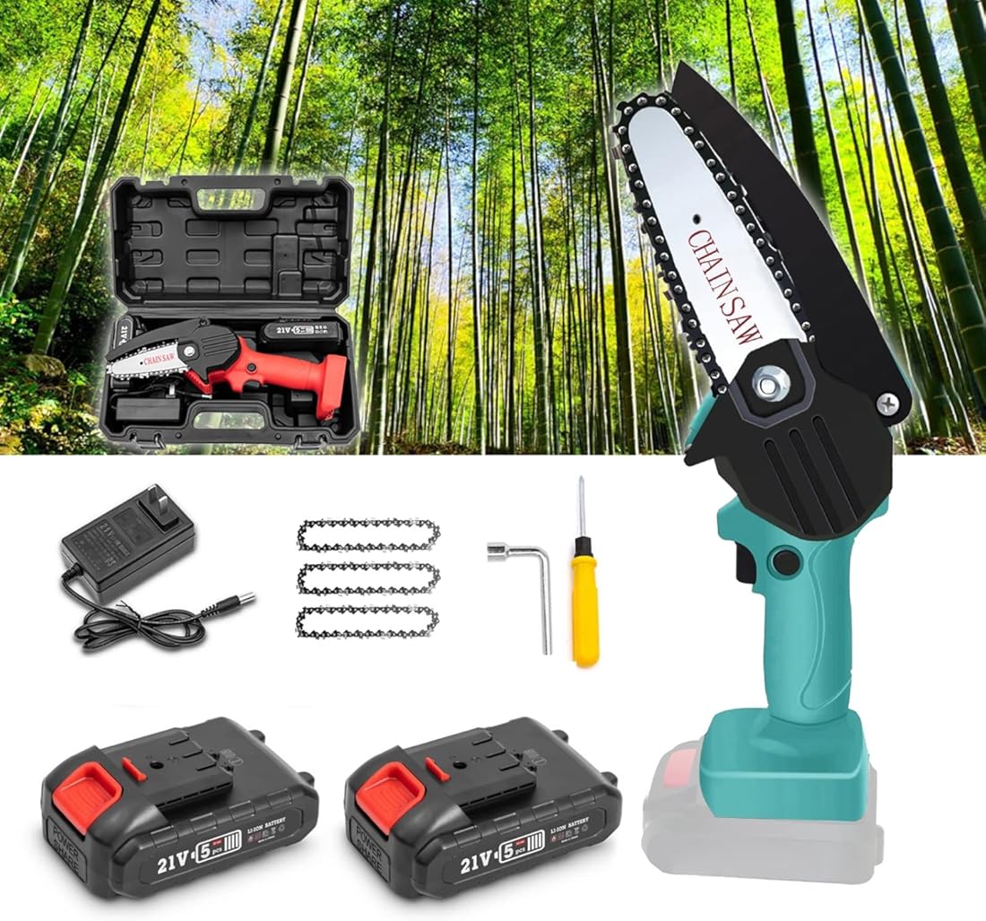 Mini Chainsaw Cordless 4-Inch with 21V Strong Power 2 Batteries and Charger, Portable Handheld Battery Chainsaw, Small One-Handed for Gardening Pruning, Tree Trimming (Color : Green)