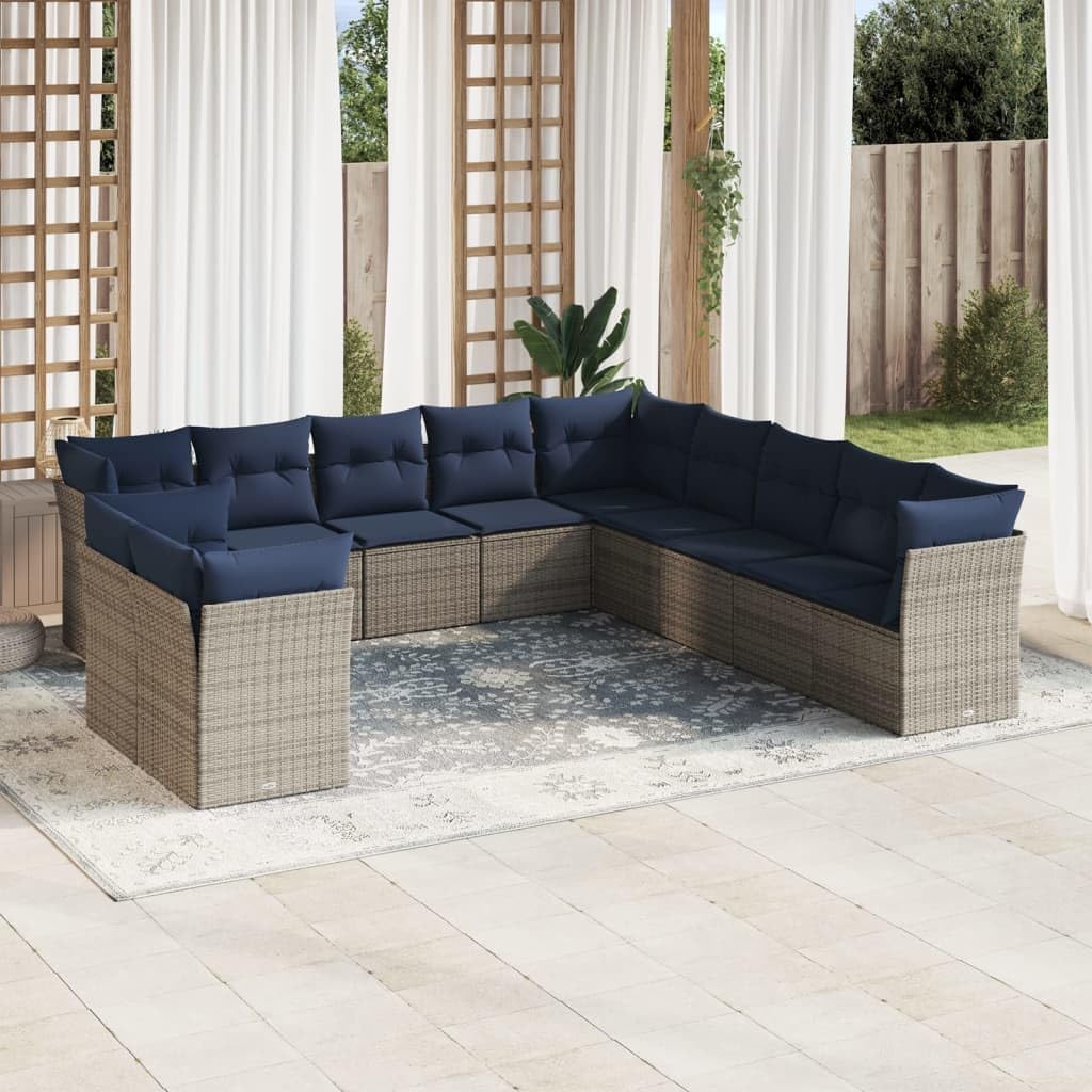11 Piece Patio Sofa Set with Cushions, Gray Poly Rattan Outdoor Furniture, Modular Design for Backyard Terrace, UV-Proof