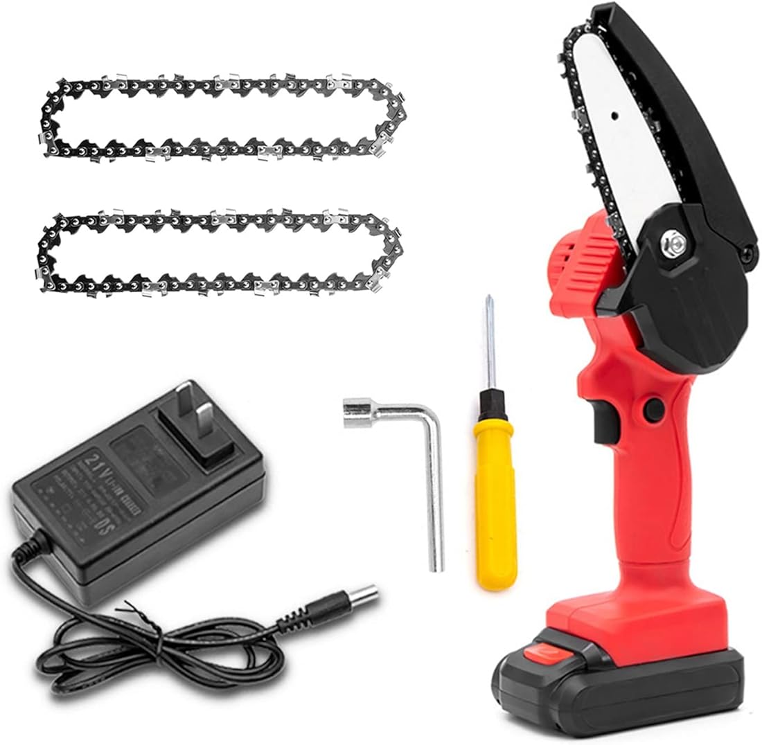 Mini Chainsaw Cordless, 4 Inch Battery Powered Chainsaw, Splash Guard & Switch Security Lock, 2 Pcs 24V Rechargeable Battery, Handheld Portable Electric chain saws for Wood Cutting, Tree Pruning