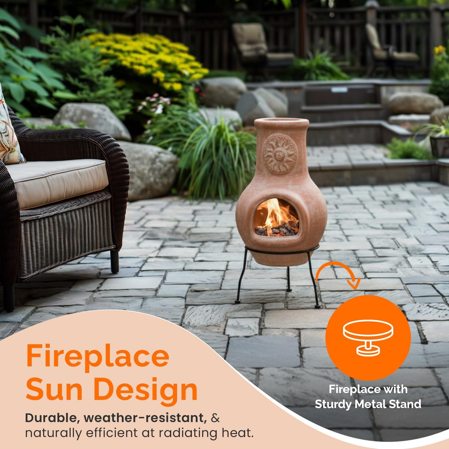 Vintiquewise Beige Outdoor Clay chiminea Outdoor Fireplace Sun Design Charcoal Burning Fire Pit with Sturdy Metal Stand, Barbecue, Cocktail Party, Family Gathering, Cozy Nights Fire Pit