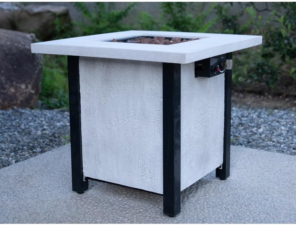 28 Inch Square Outdoor Propane Fire Pit Table with 50000 BTU Heat Output, Fiberglass and Iron Construction for Patio or Garden Use