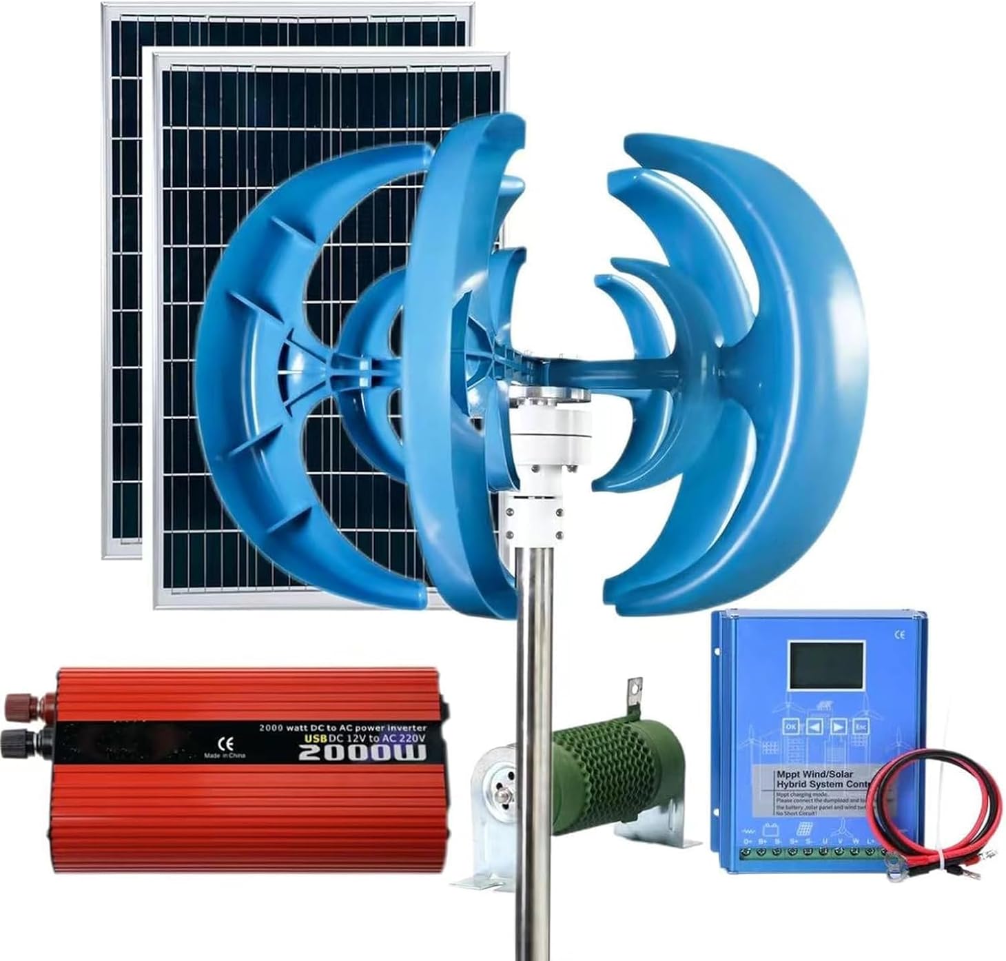 CHRISK 8000W Wind Solar Kit with Controller and Inverter: 2 * 100W Solar Panels + 8000W 12V/24V Wind Turbine Generator + 2000W Inverter