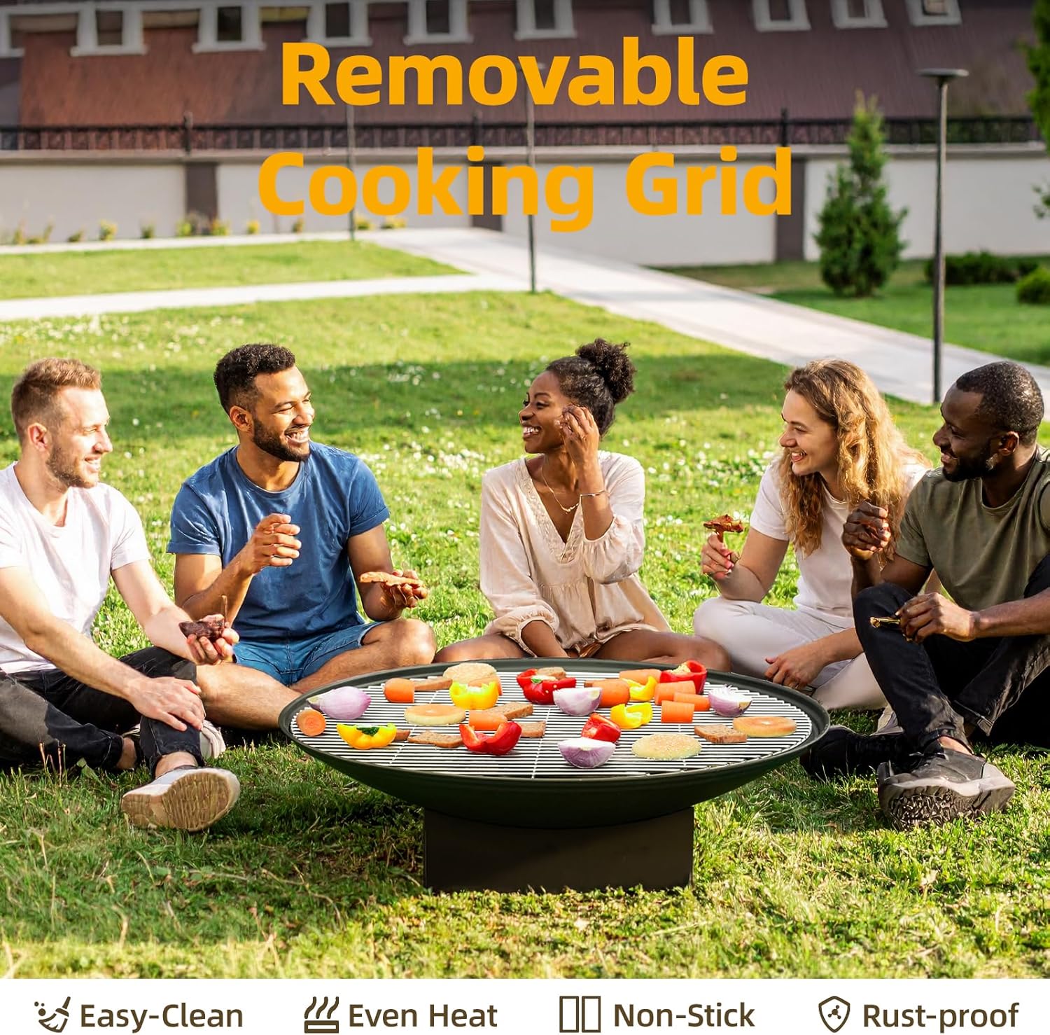 32 Inch Fire Pit for Outside, Outdoor Wood Burning Fire Pit Table with Grill & Cover Lid, Large Portable Firepit for Backyard Patio Camping