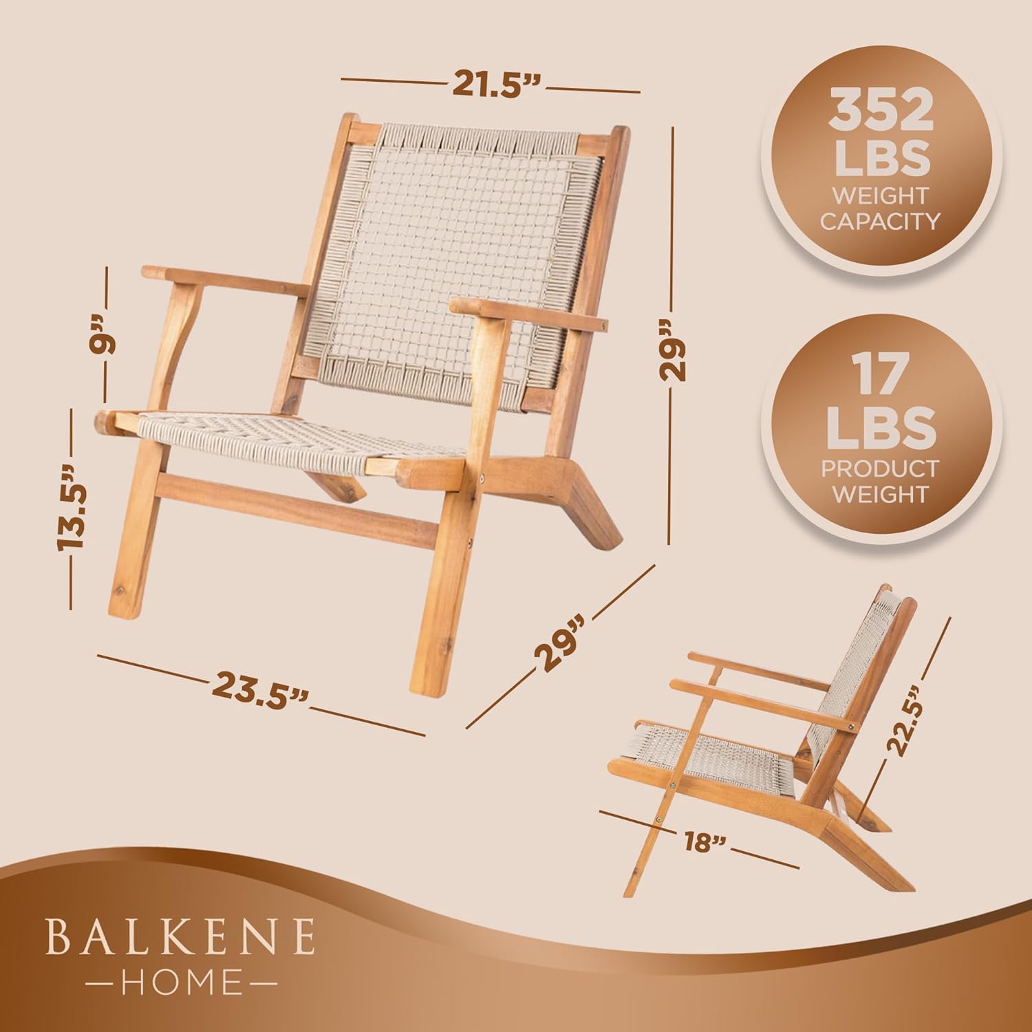 Balkene Home 62773 Vega Natural Stain Outdoor Chair Acacia Wood Construction Hand Woven Seat Mid Century Design Comfortable Reclining Armchair Patio Lawn Garden Backyard Deck - Ecru Cording